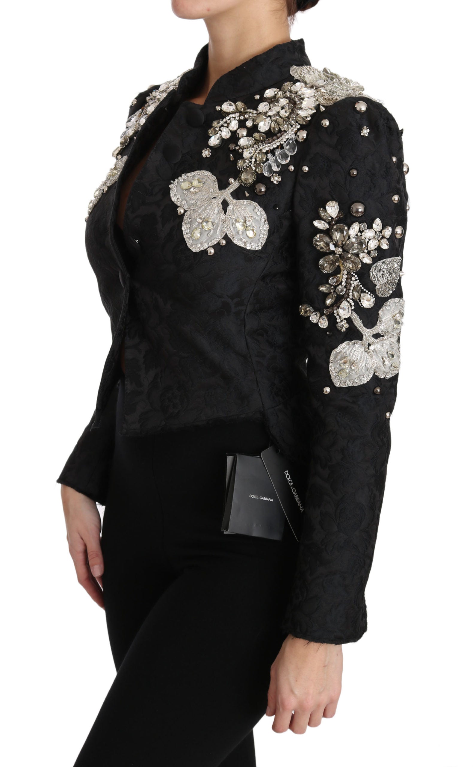 Dolce & Gabbana Black Jacquard Crystal Jacket with Floral Pattern-6