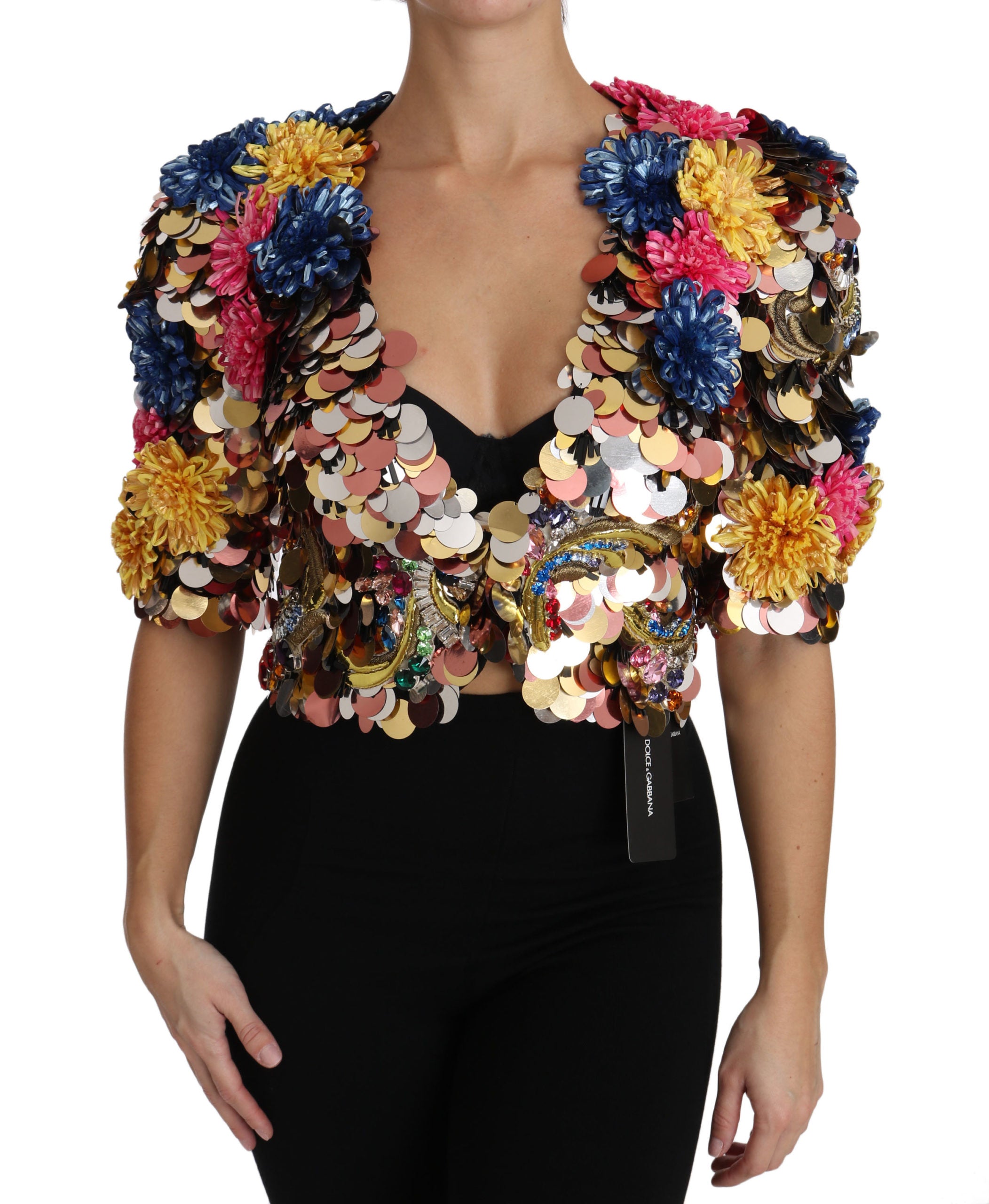 Dolce & Gabbana Crystal Sequin Jacket Coat with Floral Pattern-4