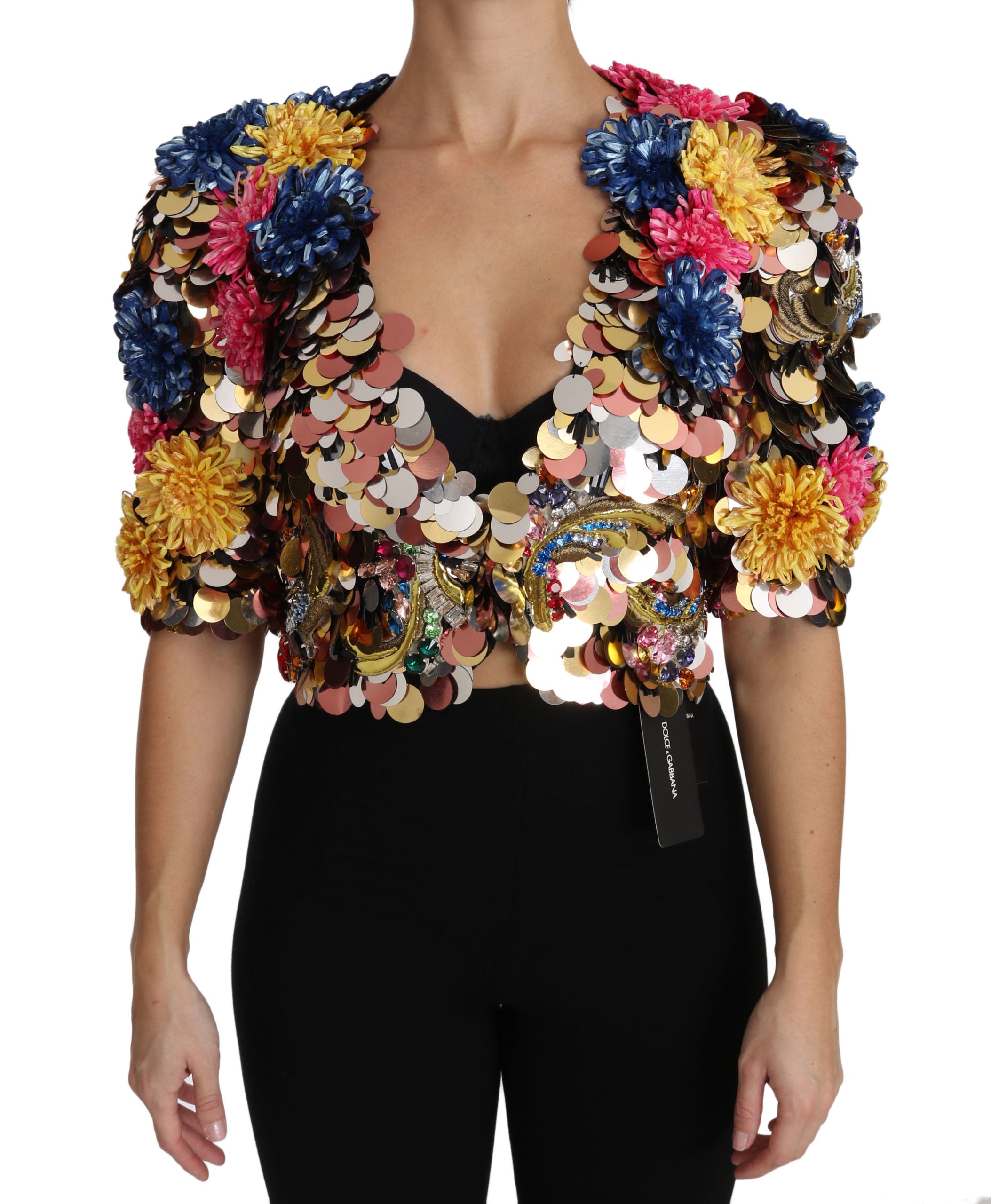 Dolce & Gabbana Crystal Sequin Jacket Coat with Floral Pattern