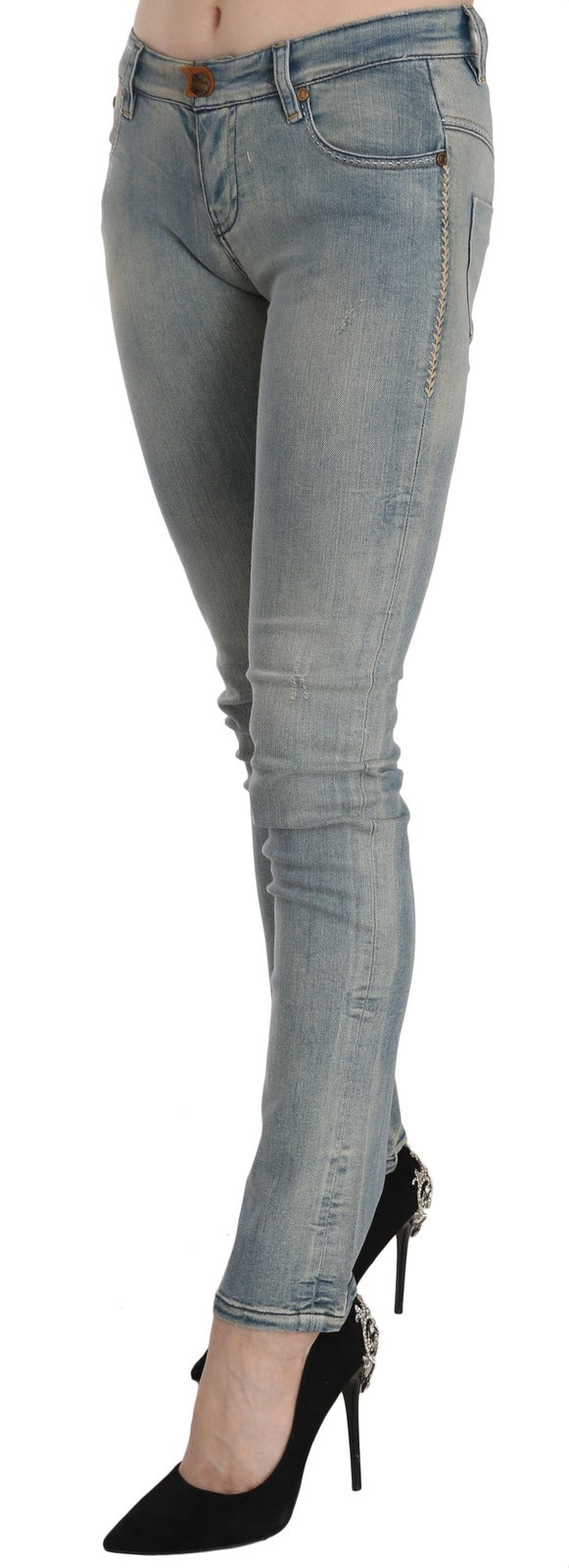 PLEIN SUD Light Blue Washed Mid-Rise Skinny Jeans-4