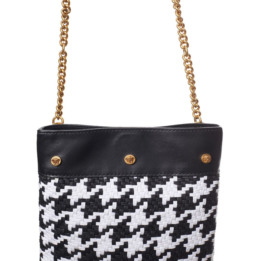 Versace Black and White Leather and Textile Shoulder Bag-4