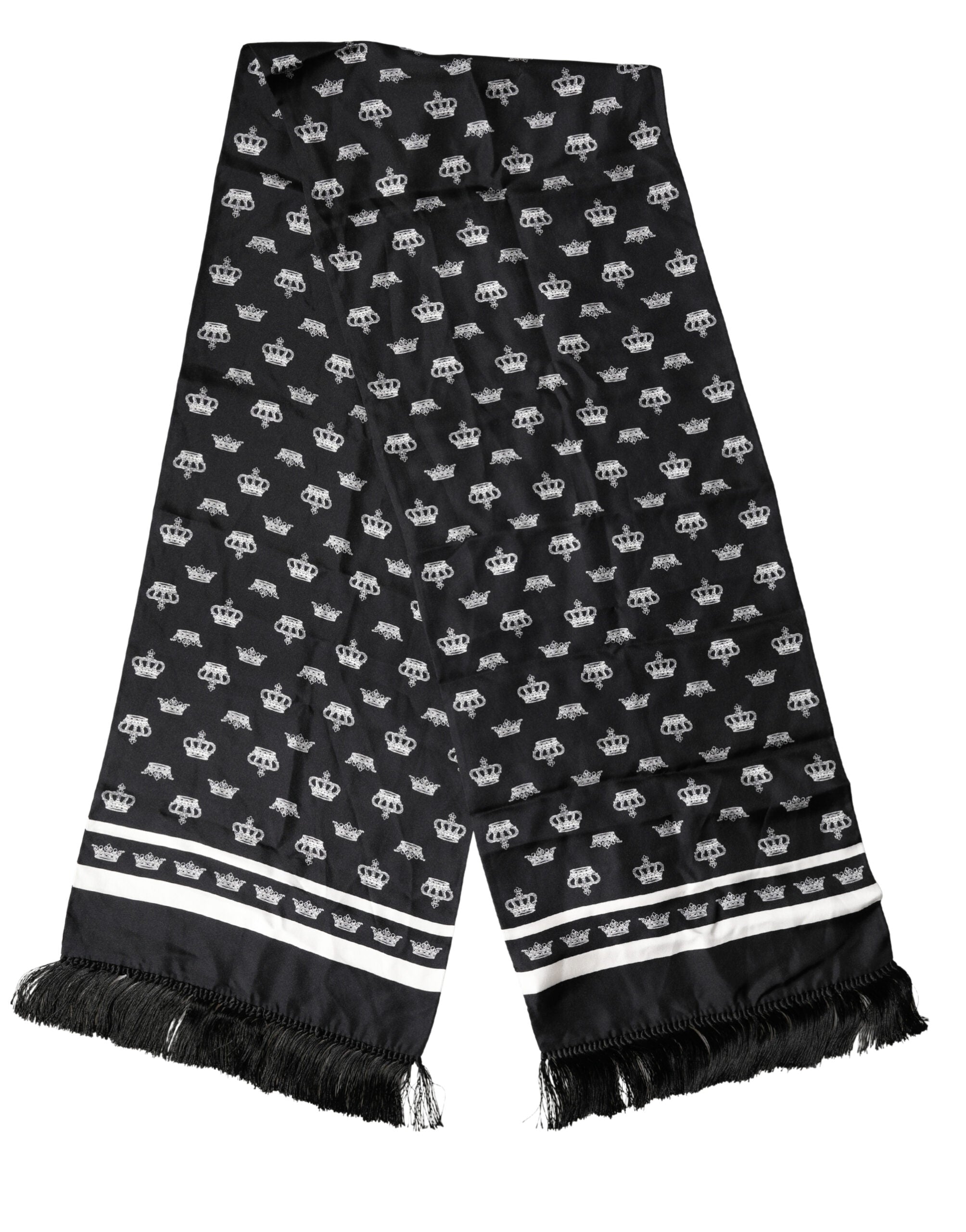 Dolce & Gabbana Black Silk Scarf with Crown Fringes 173cm x 32.5cm-2