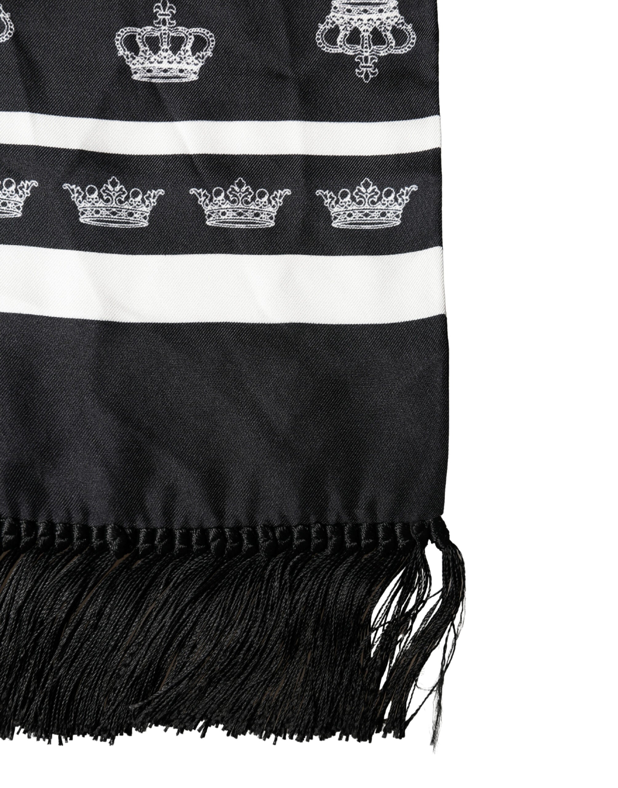 Dolce & Gabbana Black Silk Scarf with Crown Fringes 173cm x 32.5cm-3