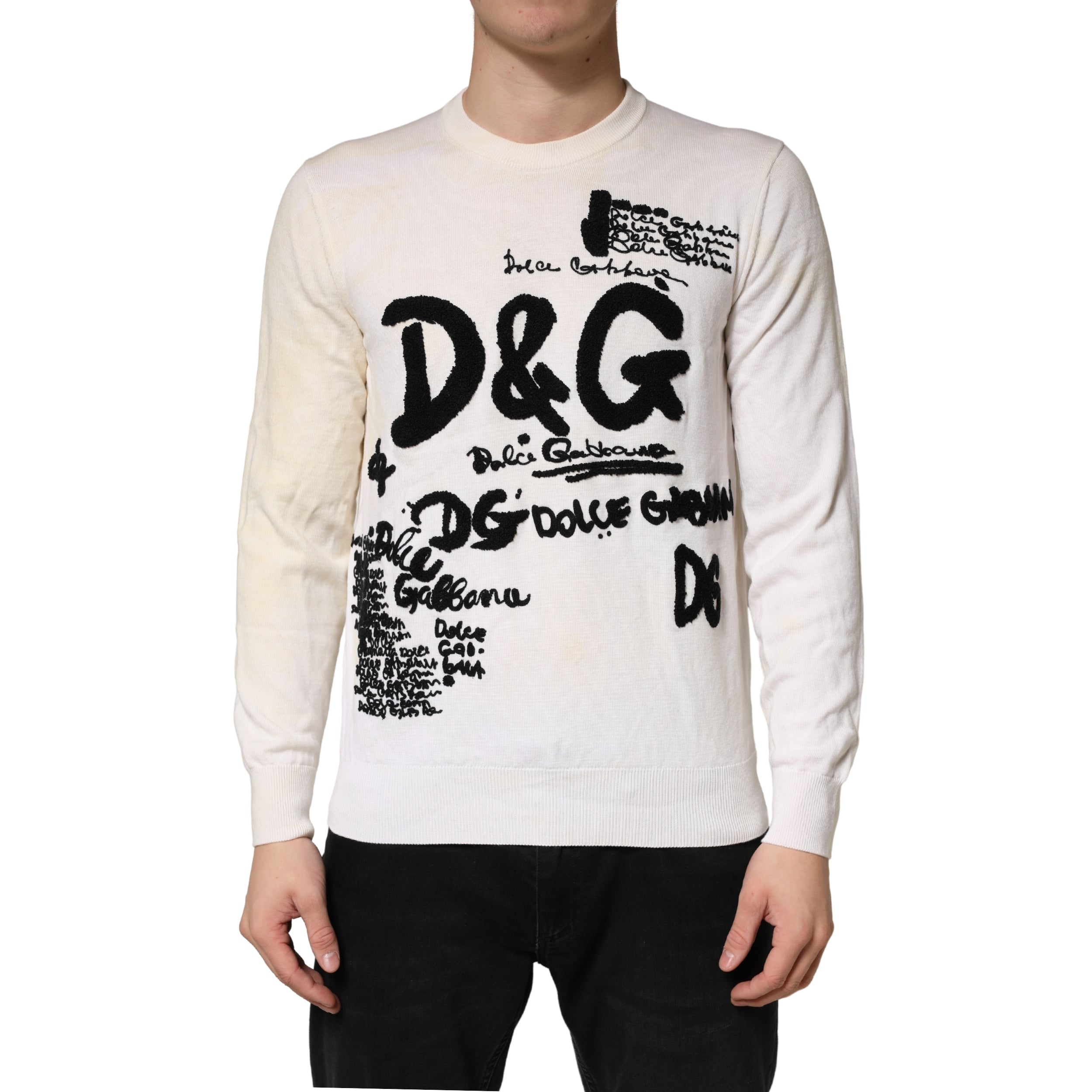 Dolce & Gabbana White Graphic Logo Crew Neck Sweater in Pure Virgin Wool-2