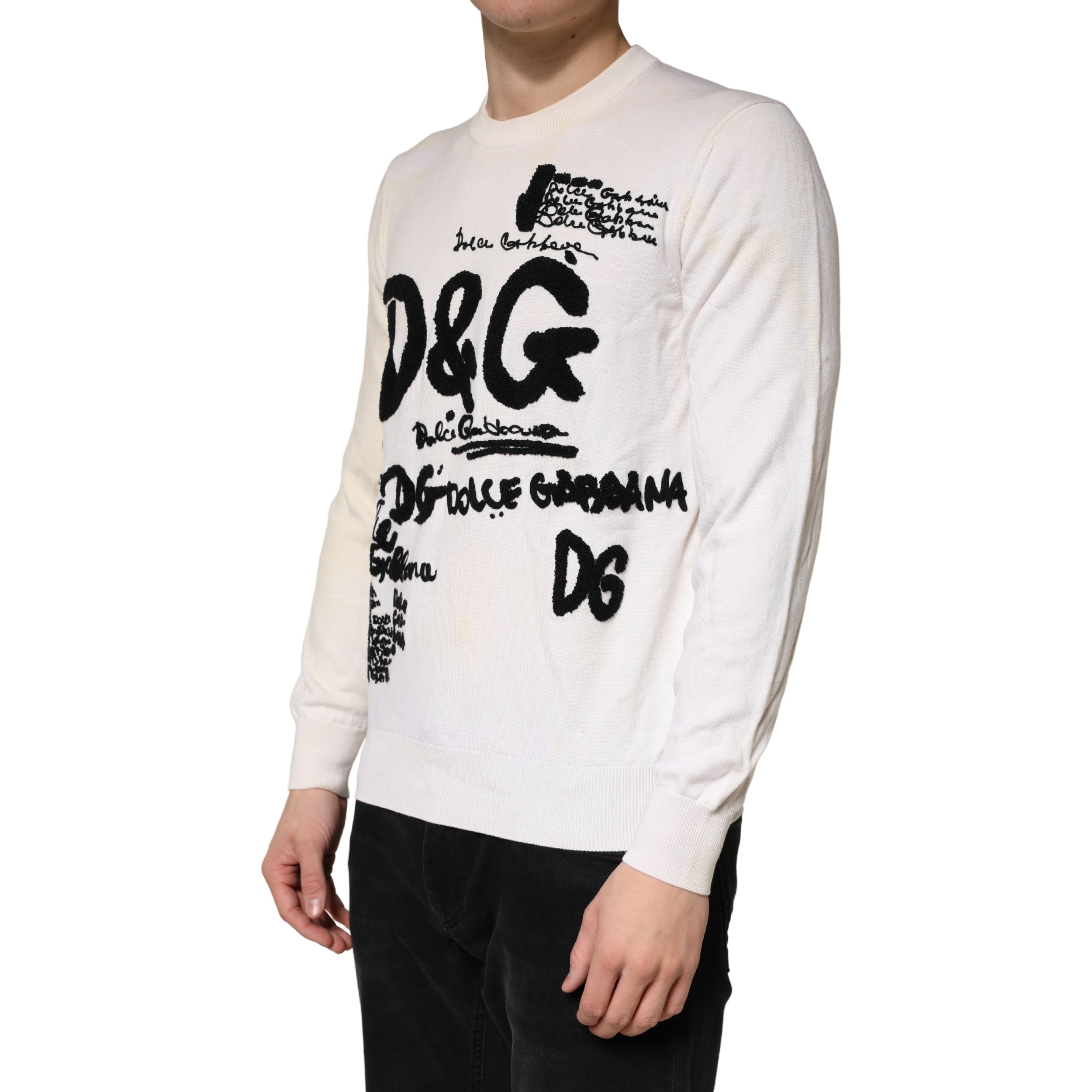 Dolce & Gabbana White Graphic Logo Crew Neck Sweater in Pure Virgin Wool-3