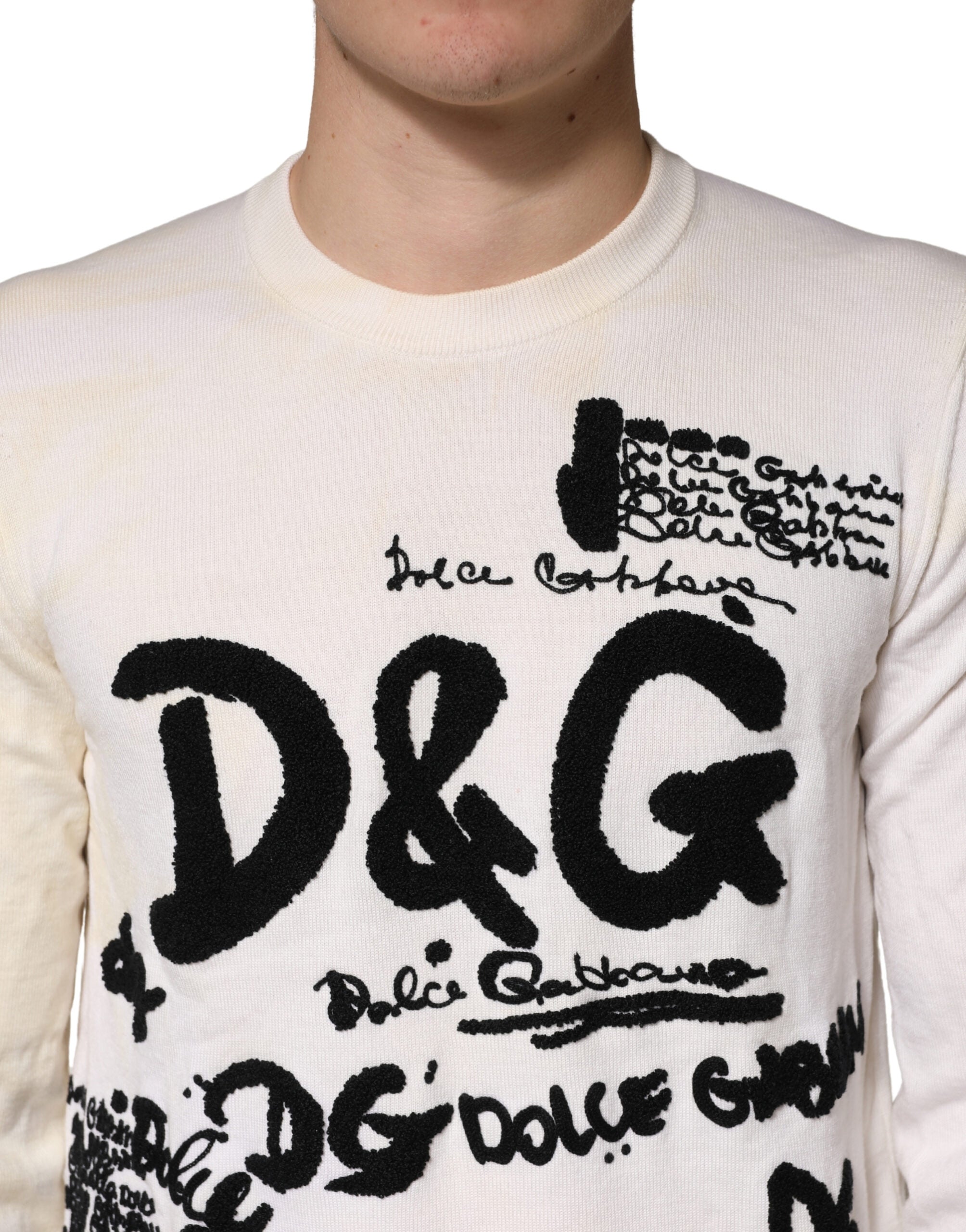 Dolce & Gabbana White Graphic Logo Crew Neck Sweater in Pure Virgin Wool-5