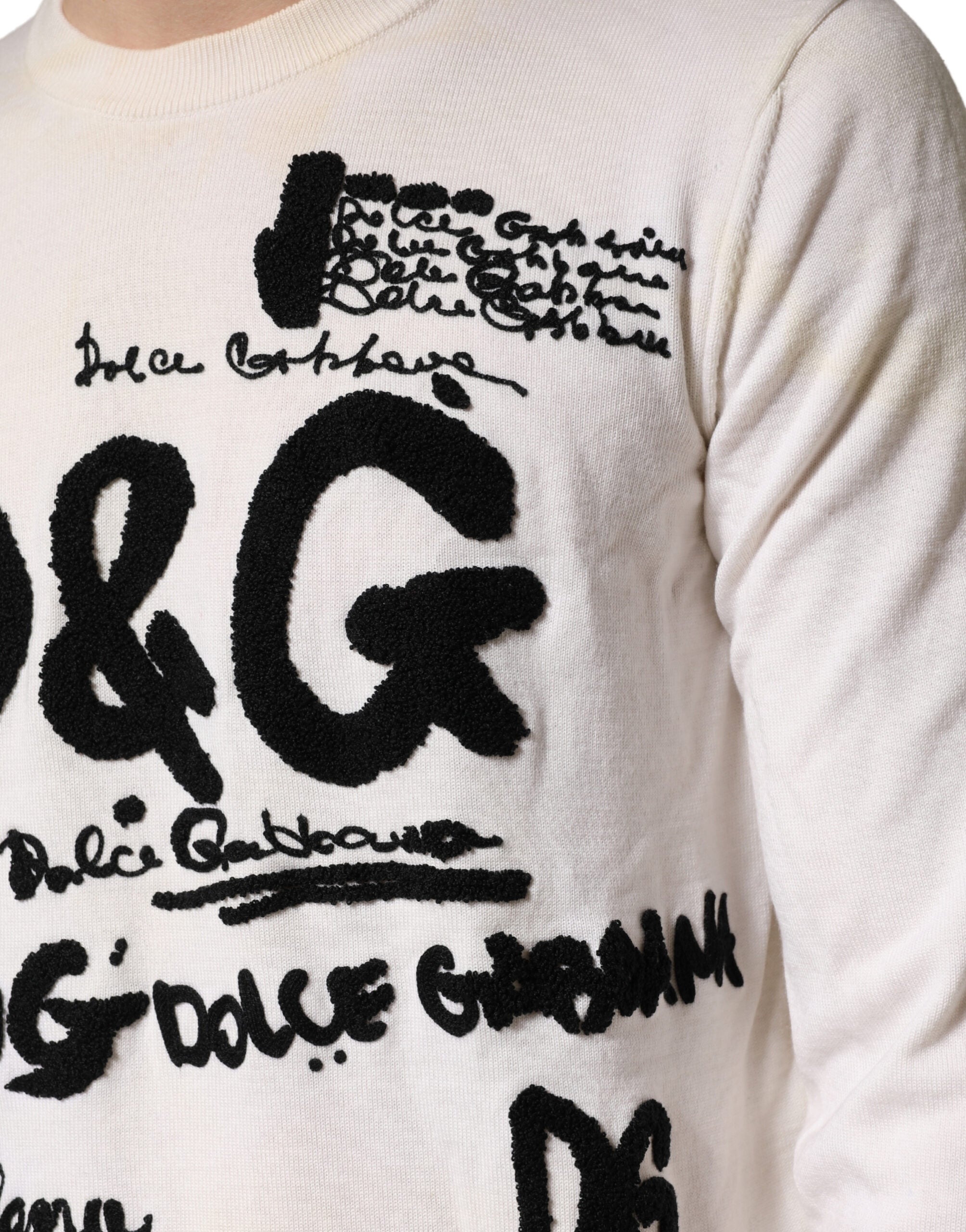 Dolce & Gabbana White Graphic Logo Crew Neck Sweater in Pure Virgin Wool-6