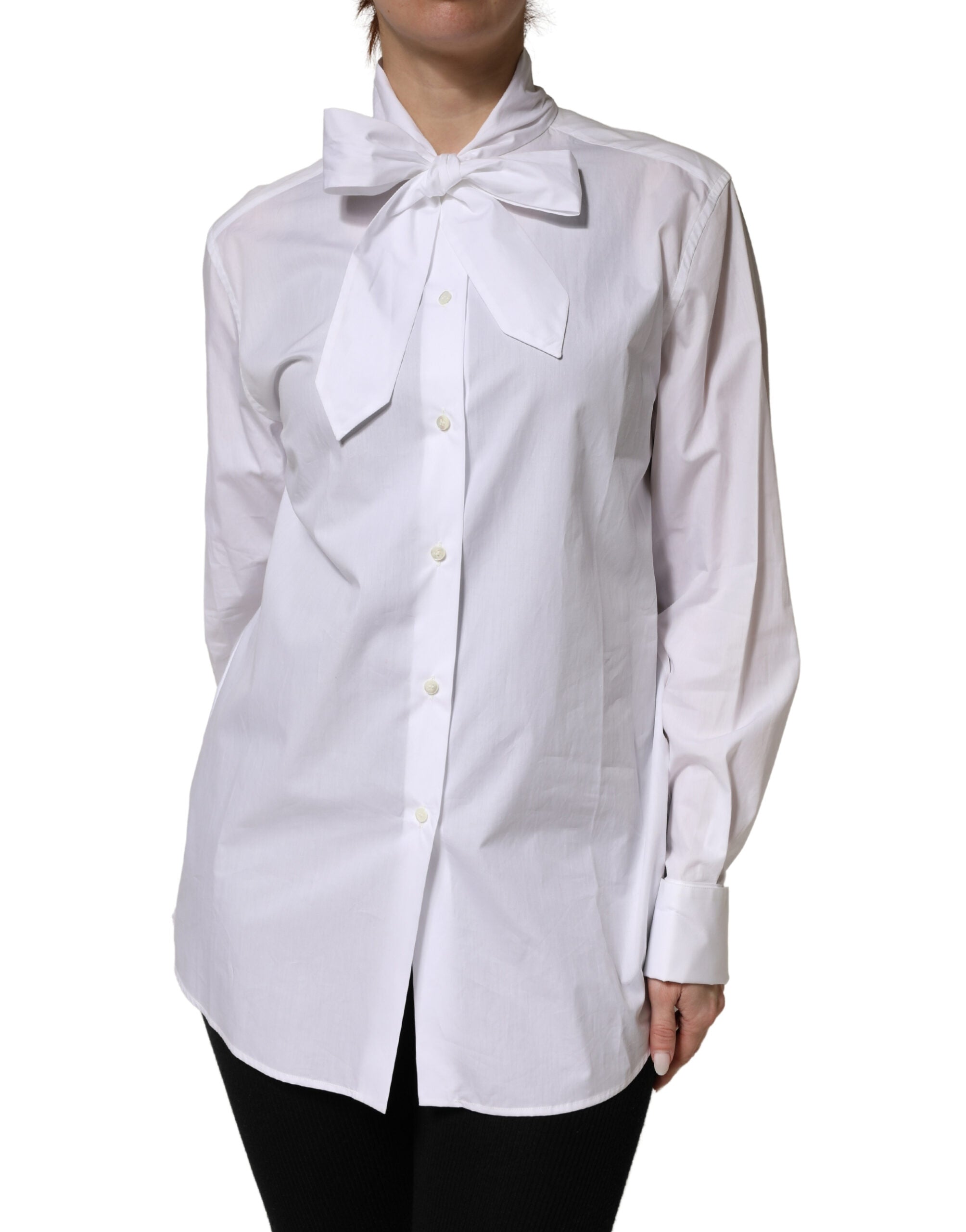 Dolce & Gabbana White Cotton Blouse with Bow and Long Sleeves-2