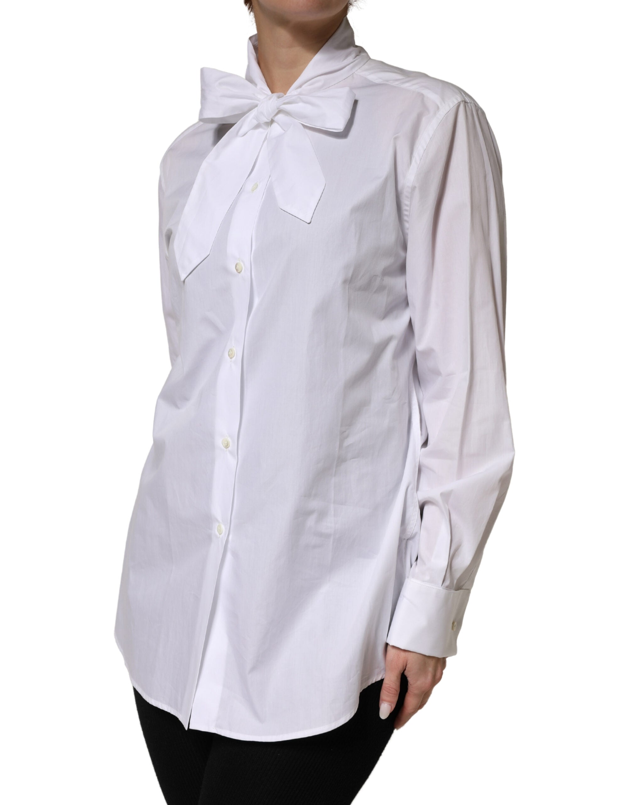 Dolce & Gabbana White Cotton Blouse with Bow and Long Sleeves-3