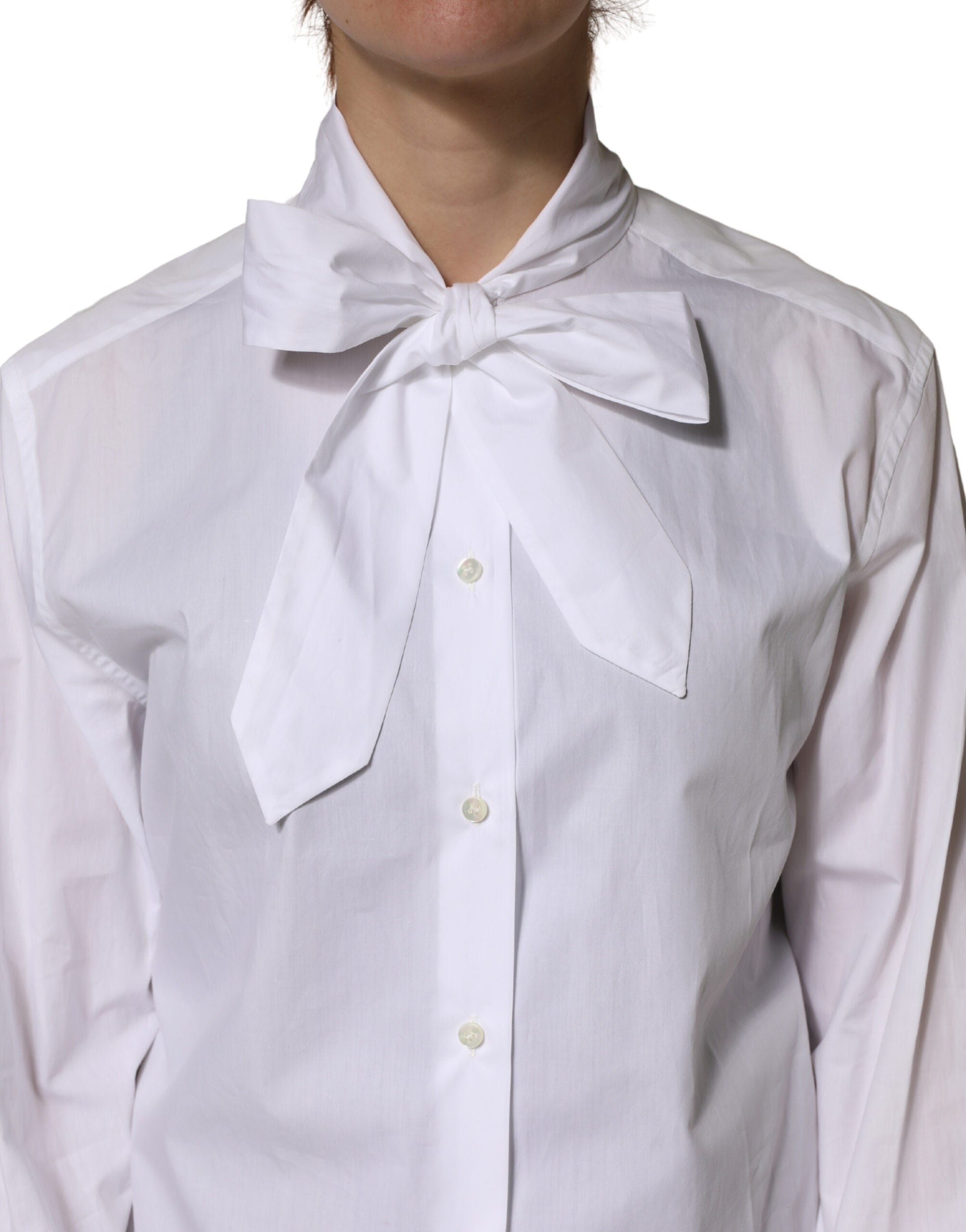 Dolce & Gabbana White Cotton Blouse with Bow and Long Sleeves-5