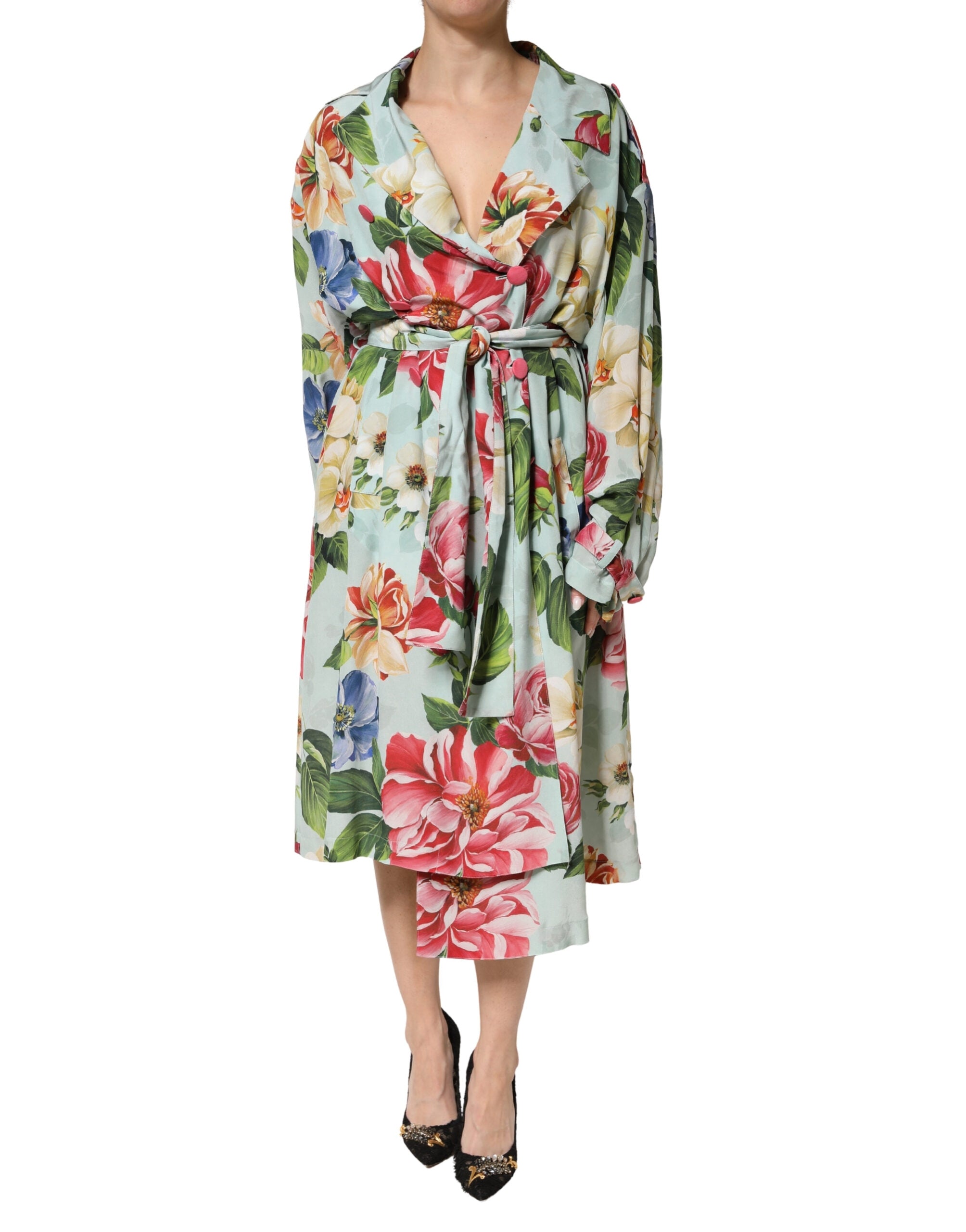Dolce & Gabbana Green Floral Print Silk Wrap Dress, Midi Length, Long Sleeves-2