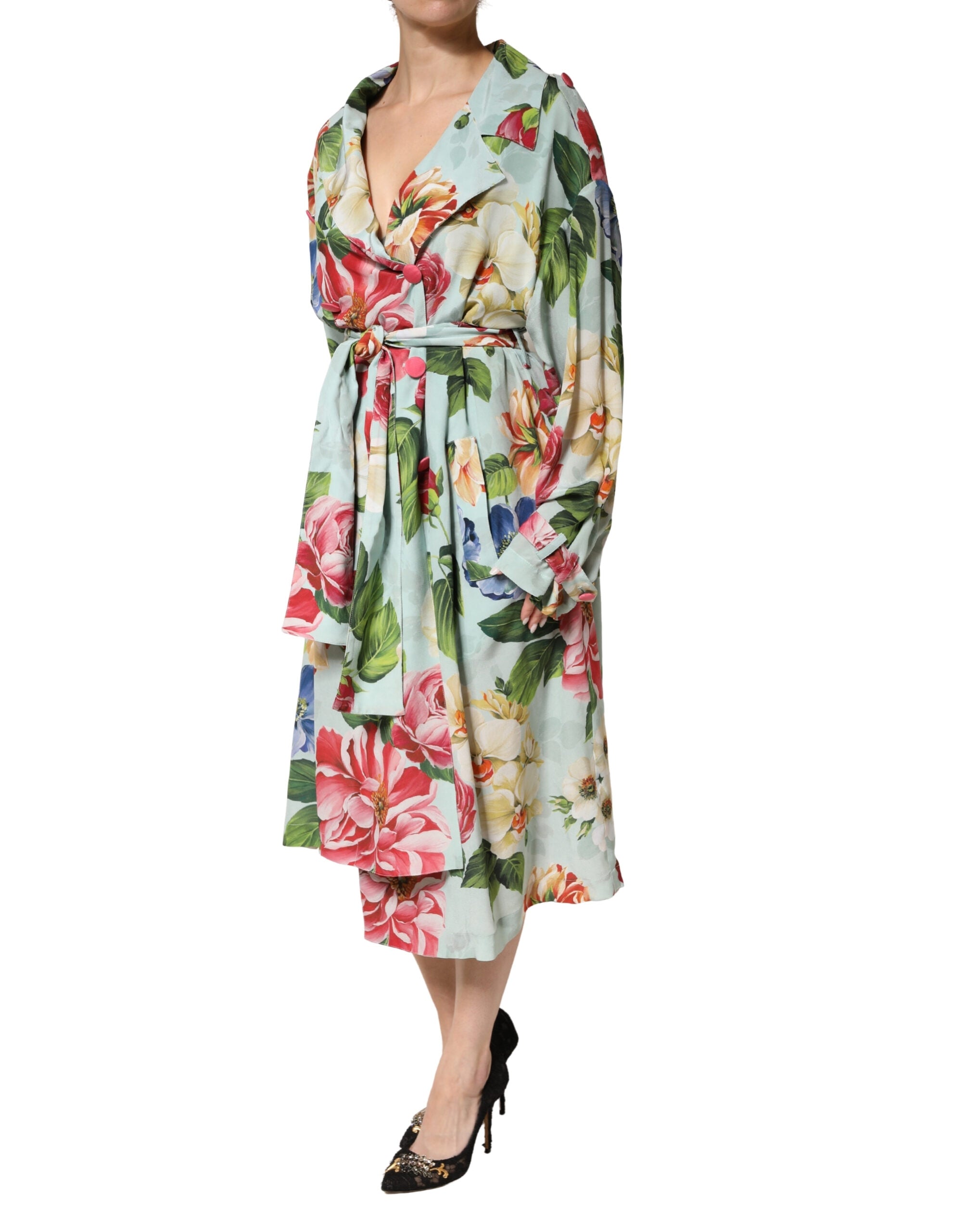 Dolce & Gabbana Green Floral Print Silk Wrap Dress, Midi Length, Long Sleeves-3