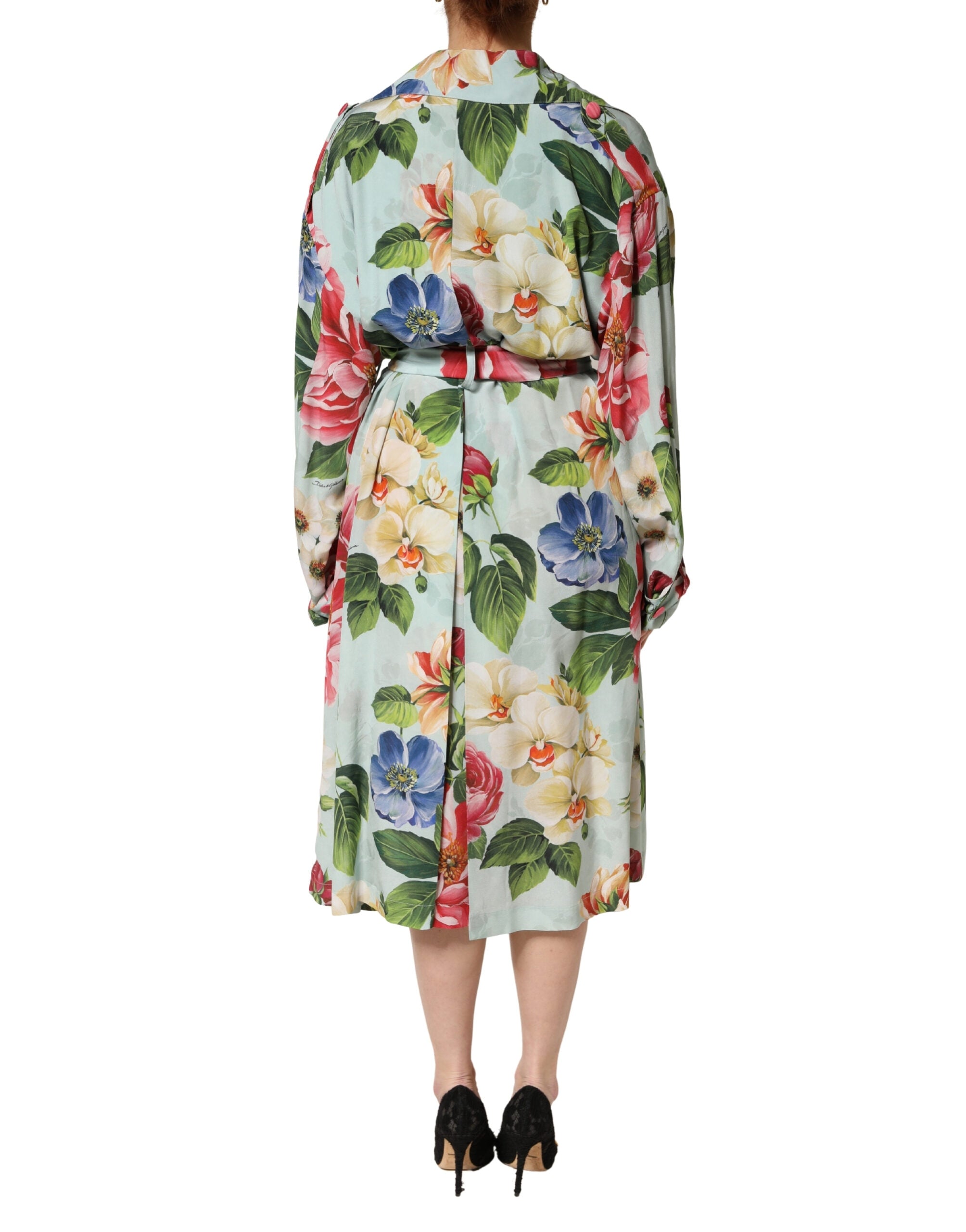 Dolce & Gabbana Green Floral Print Silk Wrap Dress, Midi Length, Long Sleeves-4