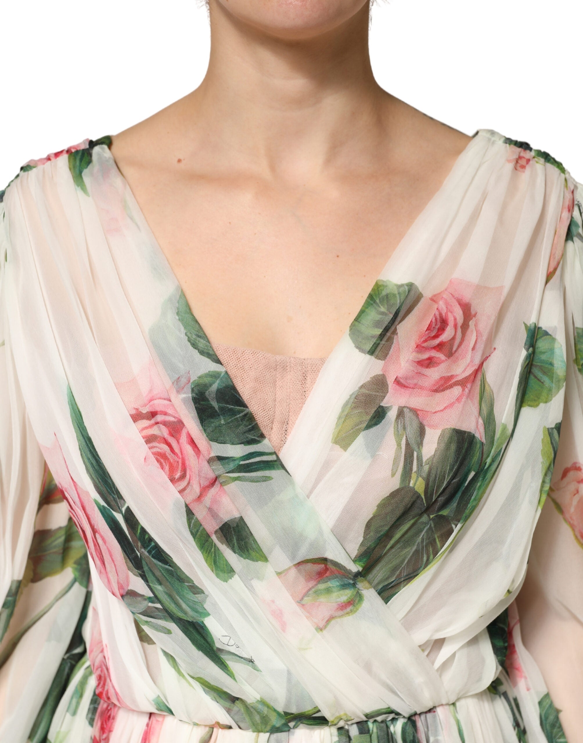 Dolce & Gabbana Green Floral Print Silk Wrap Dress, Midi Length, Long Sleeves-5