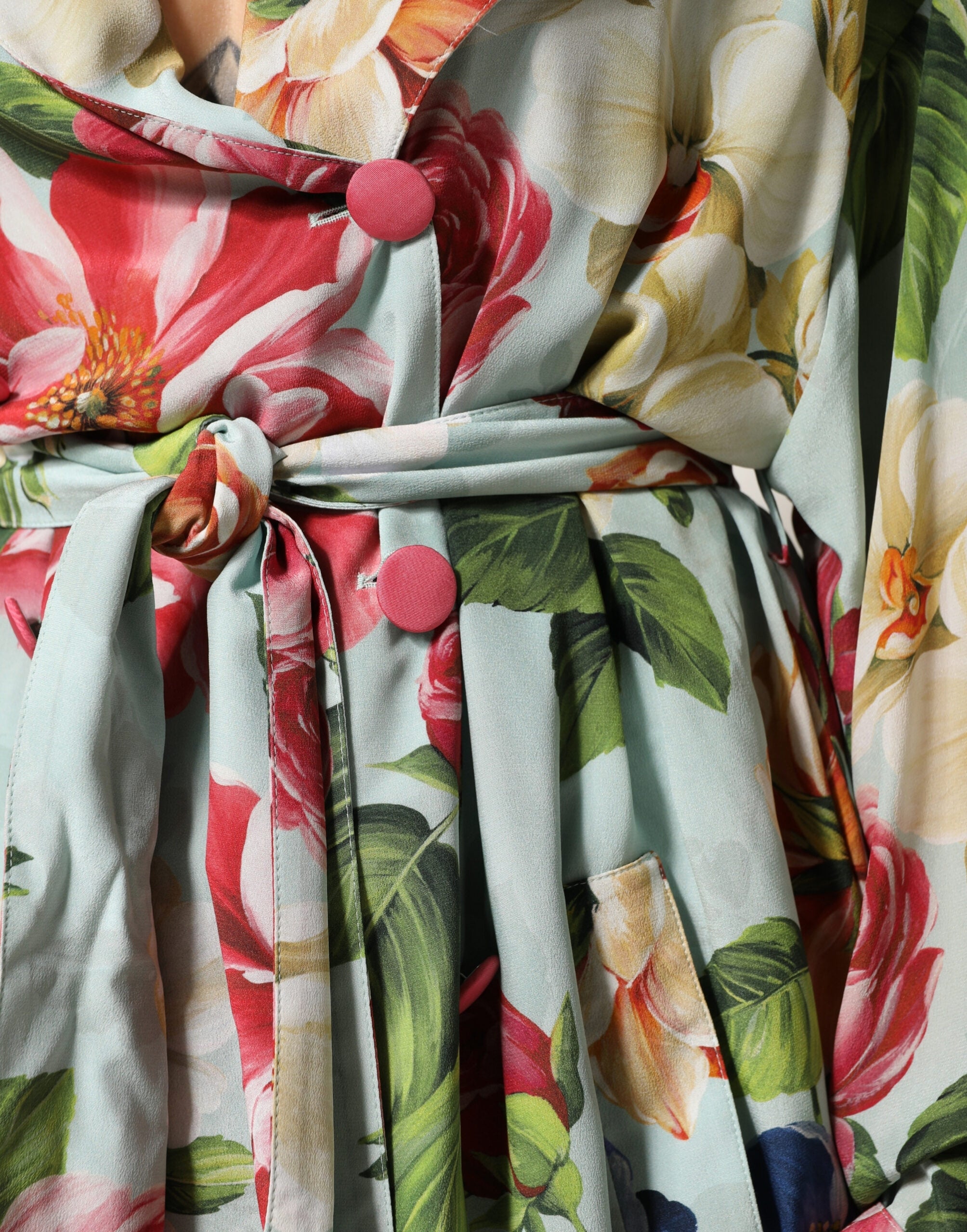 Dolce & Gabbana Green Floral Print Silk Wrap Dress, Midi Length, Long Sleeves-6