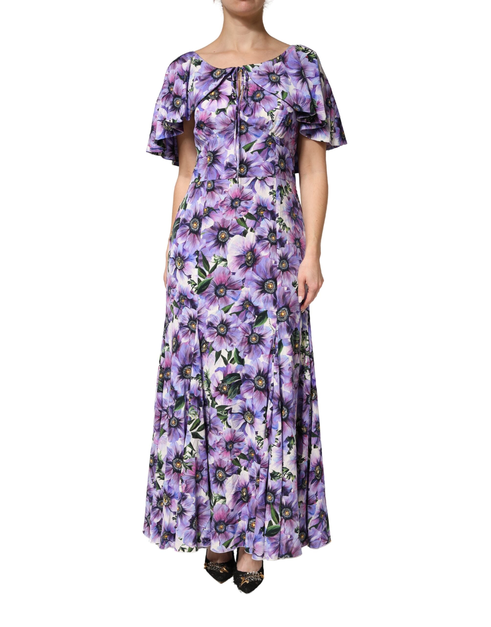 Dolce & Gabbana Elegant floor-length dress in purple floral stretch silk fabric-2