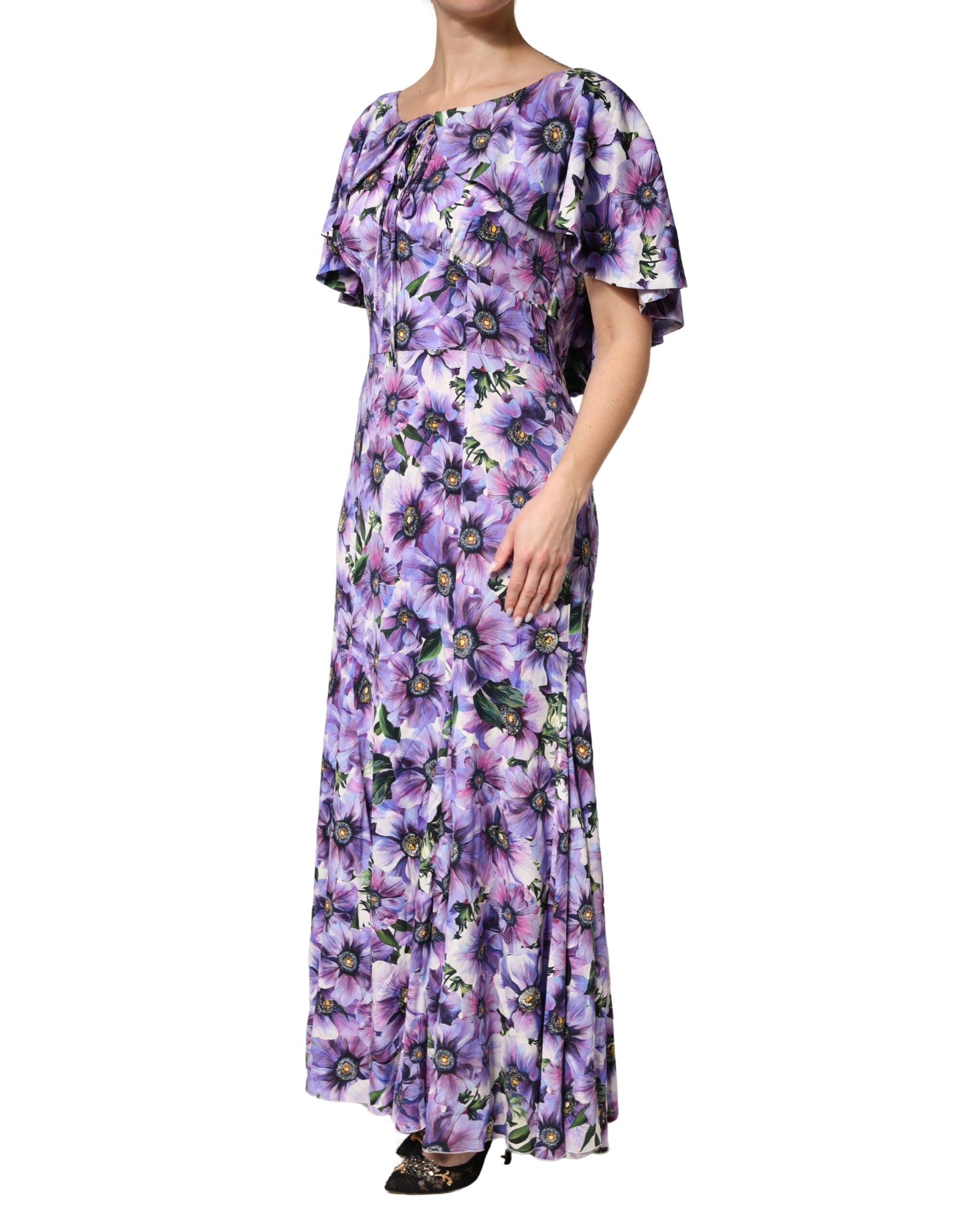 Dolce & Gabbana Elegant floor-length dress in purple floral stretch silk fabric-3