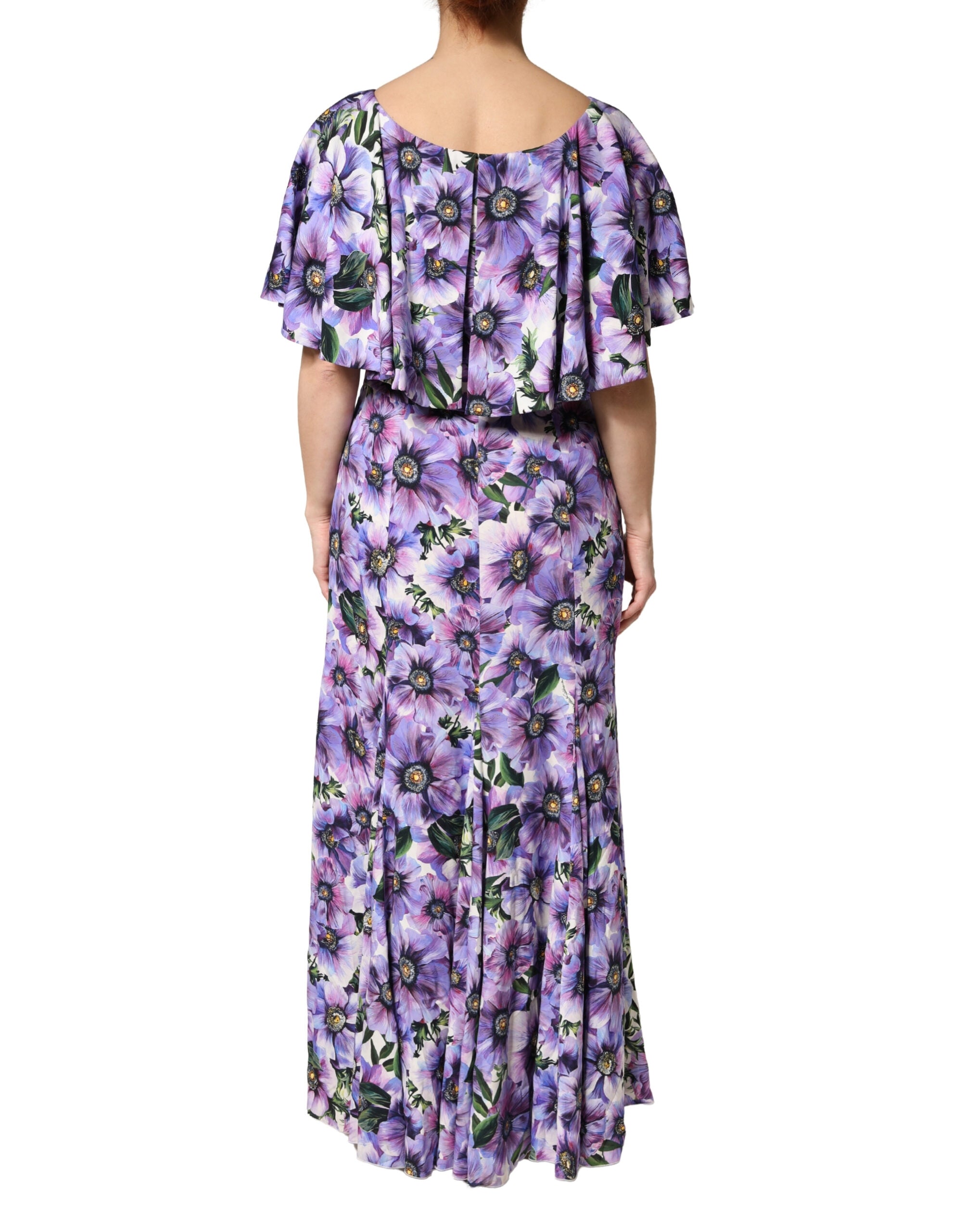 Dolce & Gabbana Elegant floor-length dress in purple floral stretch silk fabric-4