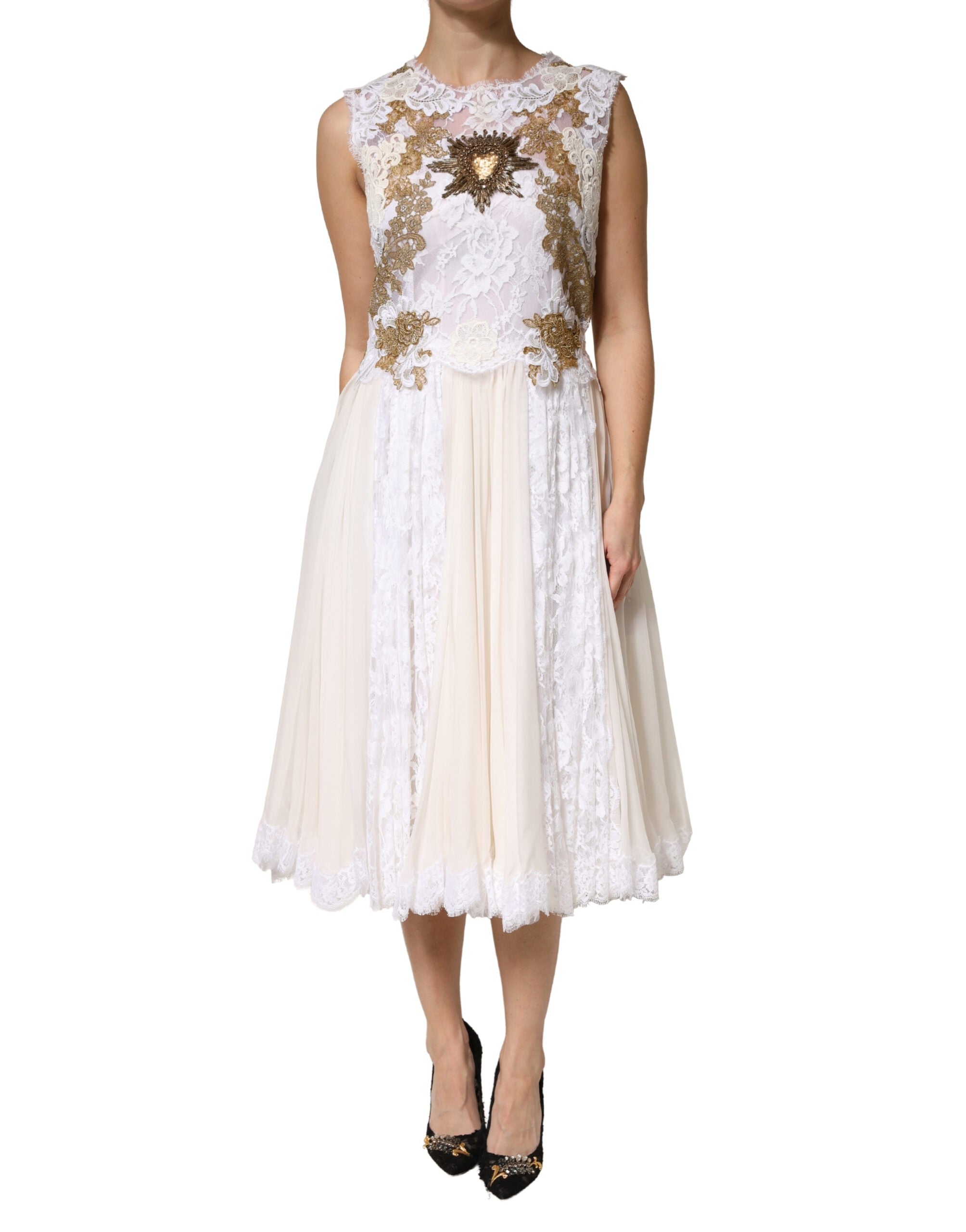 Dolce & Gabbana Ivory Silk Lace Embellished Sleeveless Dress
