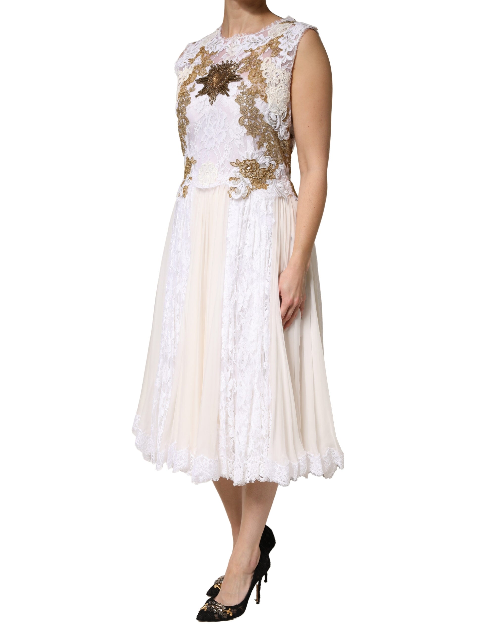 Dolce & Gabbana Ivory Silk Lace Embellished Sleeveless Dress-3