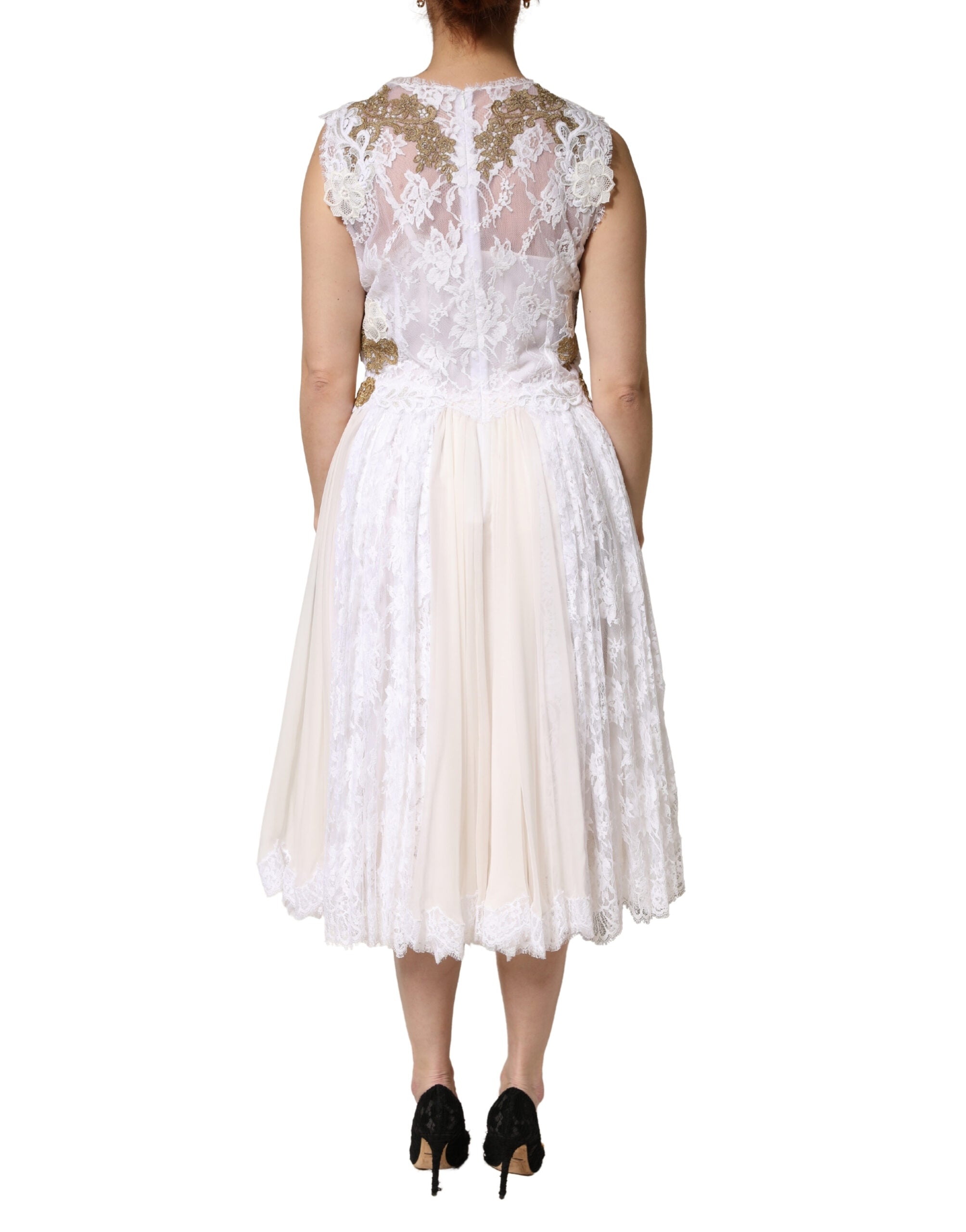Dolce & Gabbana Ivory Silk Lace Embellished Sleeveless Dress-4