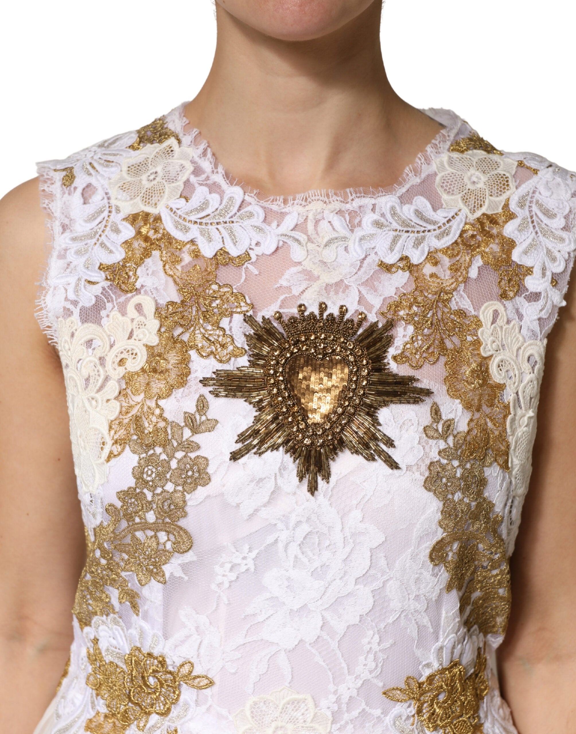 Dolce & Gabbana Ivory Silk Lace Embellished Sleeveless Dress-5
