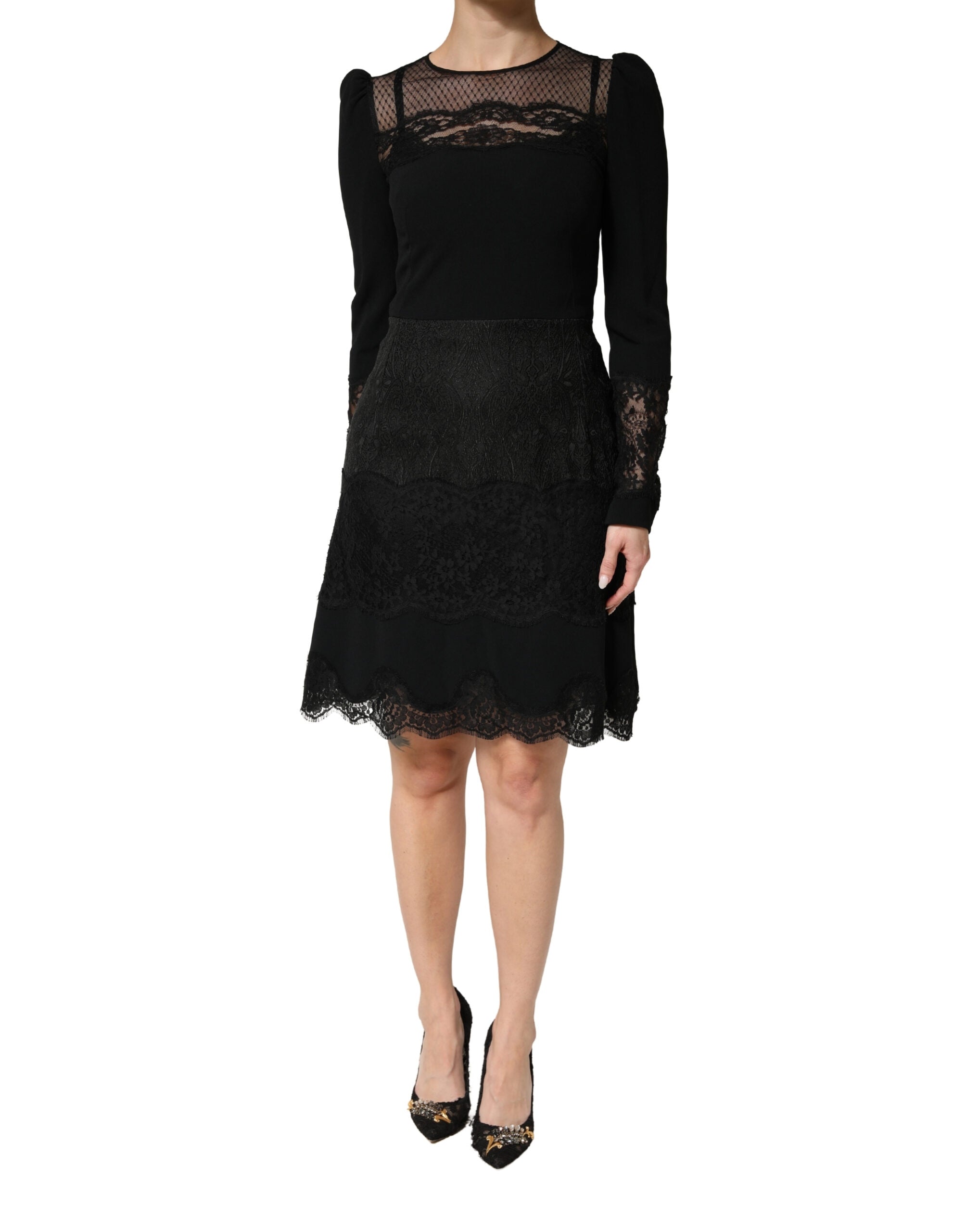 Dolce & Gabbana Black Lace Dress with Sheer Panels, Midi Length, Long Sleeves