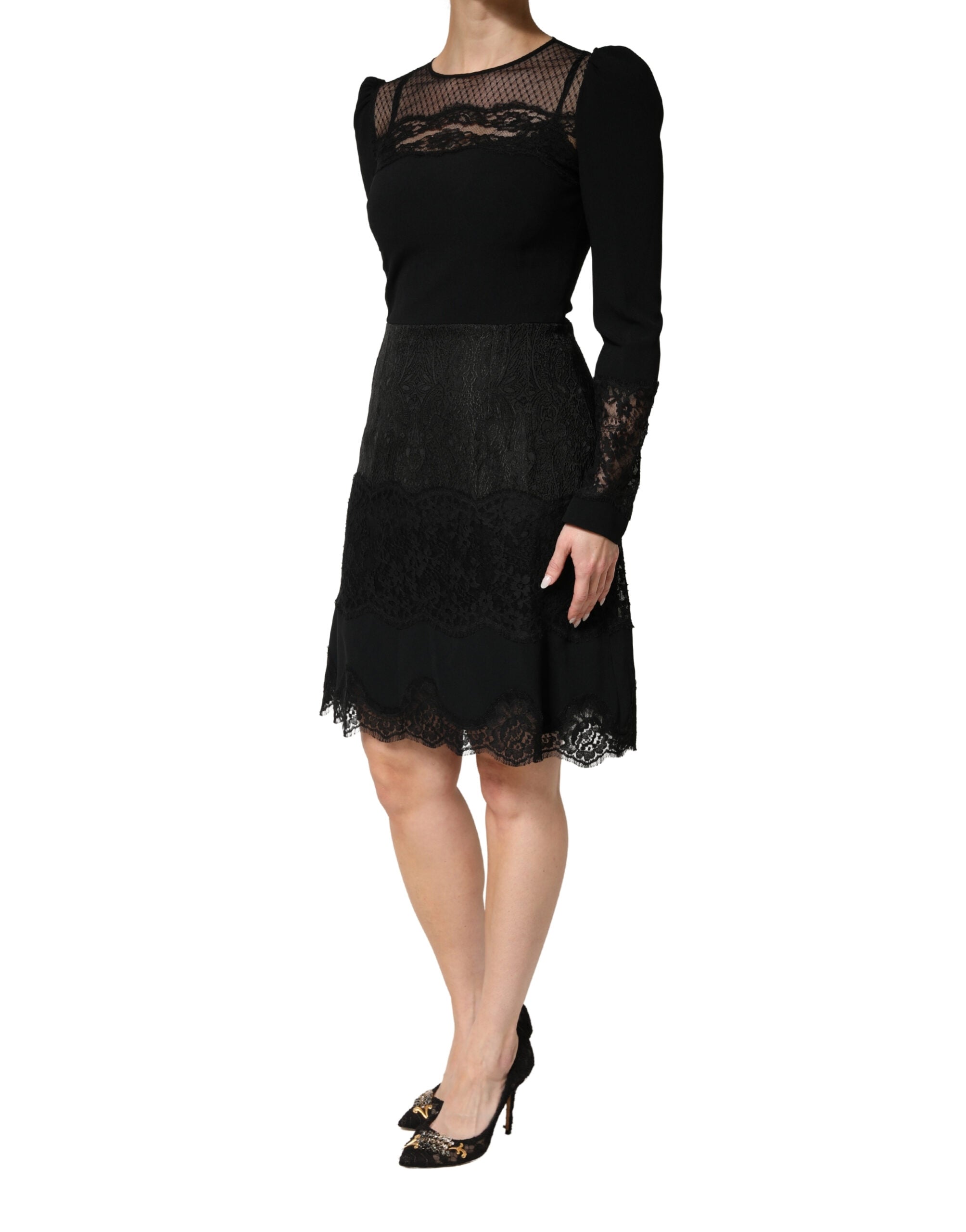 Dolce & Gabbana Schwarzes Spitzenkleid mit transparenten Einsätzen, Midi-Länge, langen Ärmeln-3