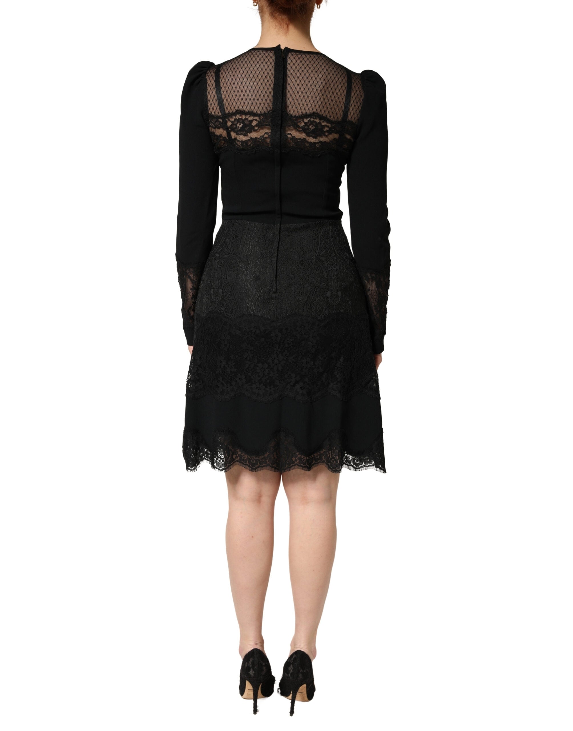 Dolce & Gabbana Schwarzes Spitzenkleid mit transparenten Einsätzen, Midi-Länge, langen Ärmeln-4