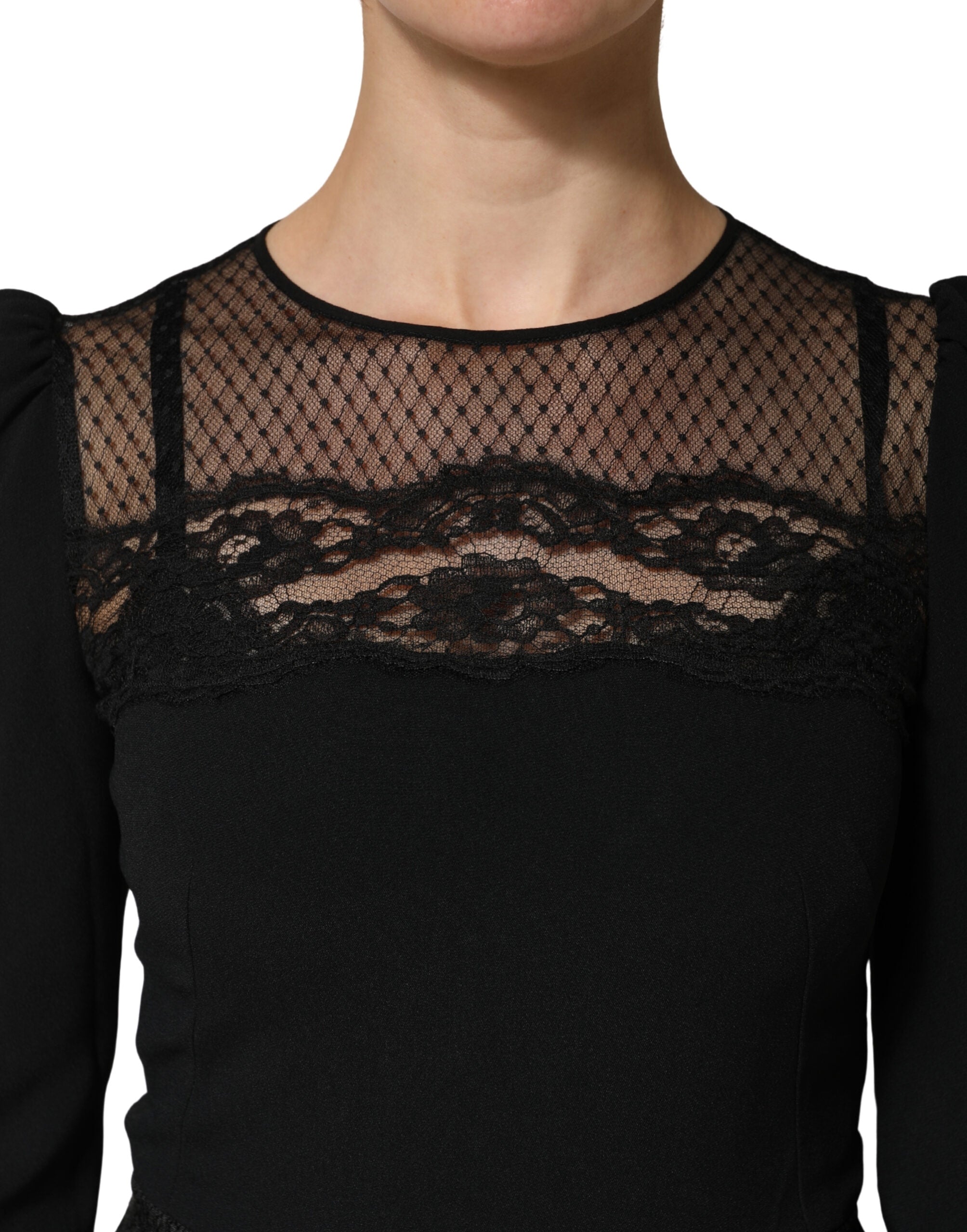 Dolce & Gabbana Schwarzes Spitzenkleid mit transparenten Einsätzen, Midi-Länge, langen Ärmeln-5