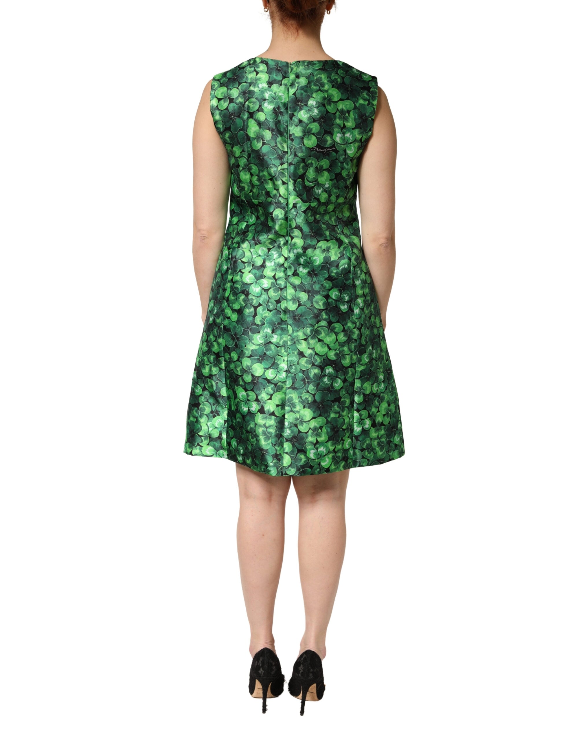 Dolce & Gabbana Ärmelloses A-Linien-Kleid mit grünem Kleeblatt-Print-4