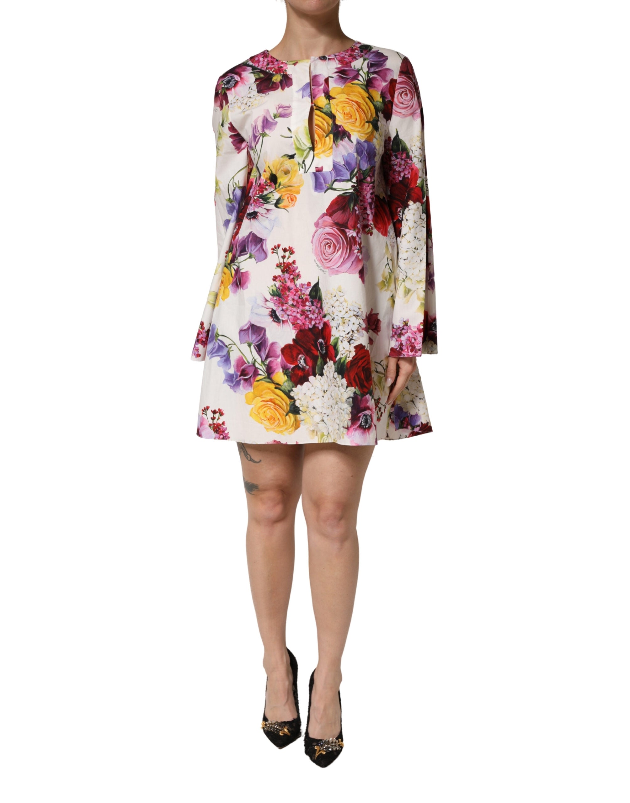 Dolce & Gabbana Multicolor Floral Cotton Long-Sleeve Midi Dress-1