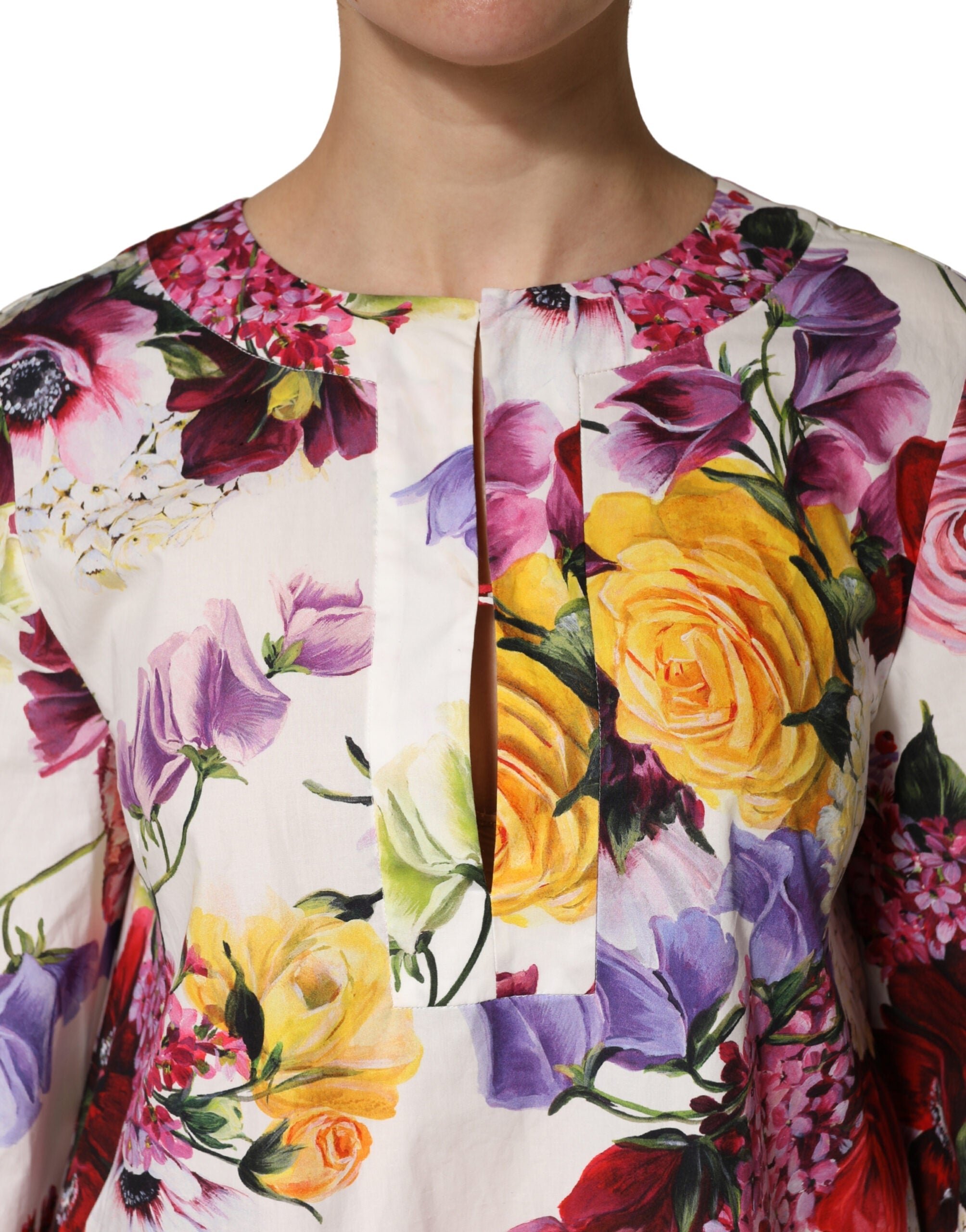 Dolce & Gabbana Multicolor Floral Cotton Long-Sleeve Midi Dress-5
