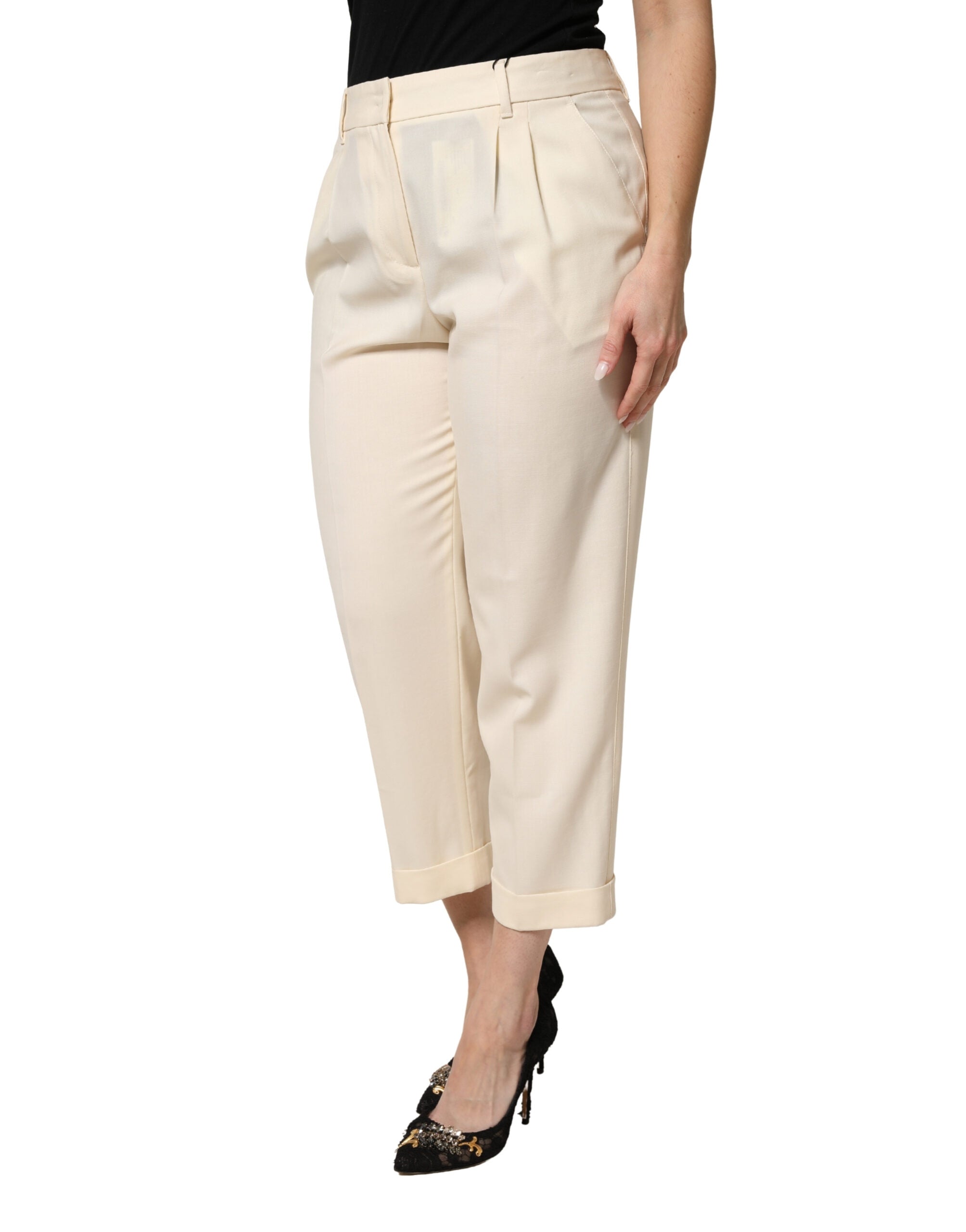 Dolce & Gabbana Ivory Wool Cropped Mid-Rise Trousers-3