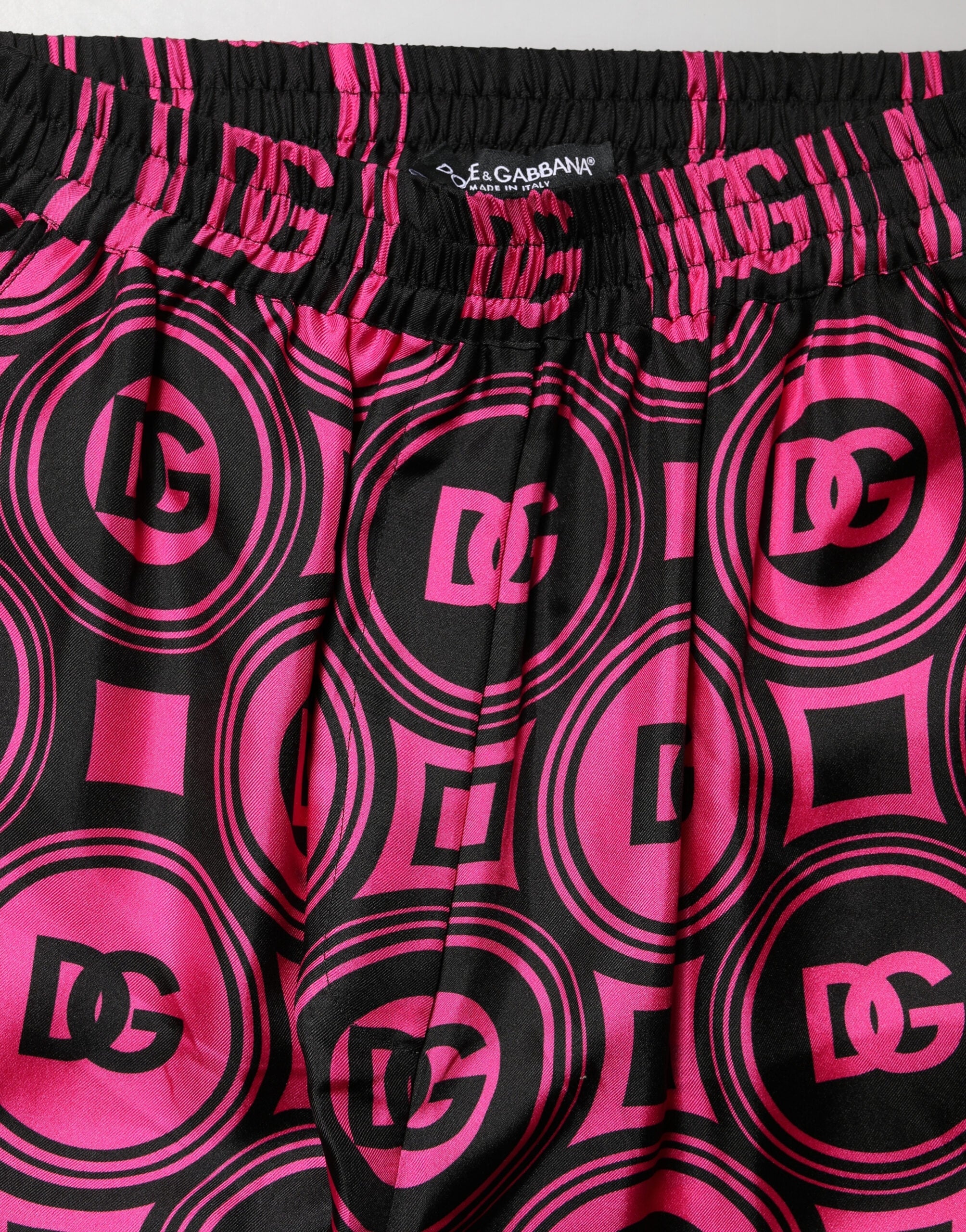 Dolce & Gabbana Black Fuchsia Silk Logo Waist Shorts-6