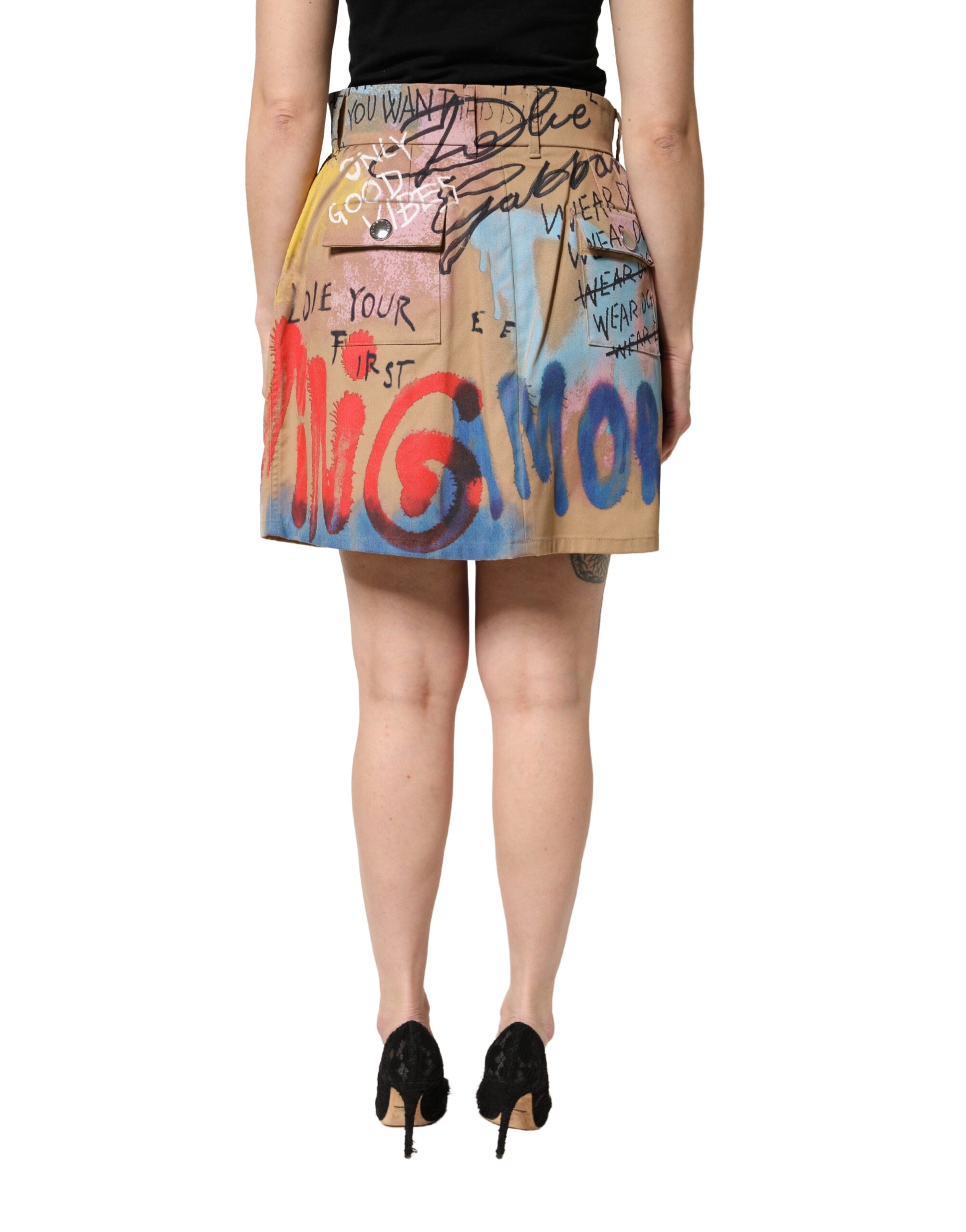 Dolce & Gabbana beige graffiti print cotton blend mini skirt-4
