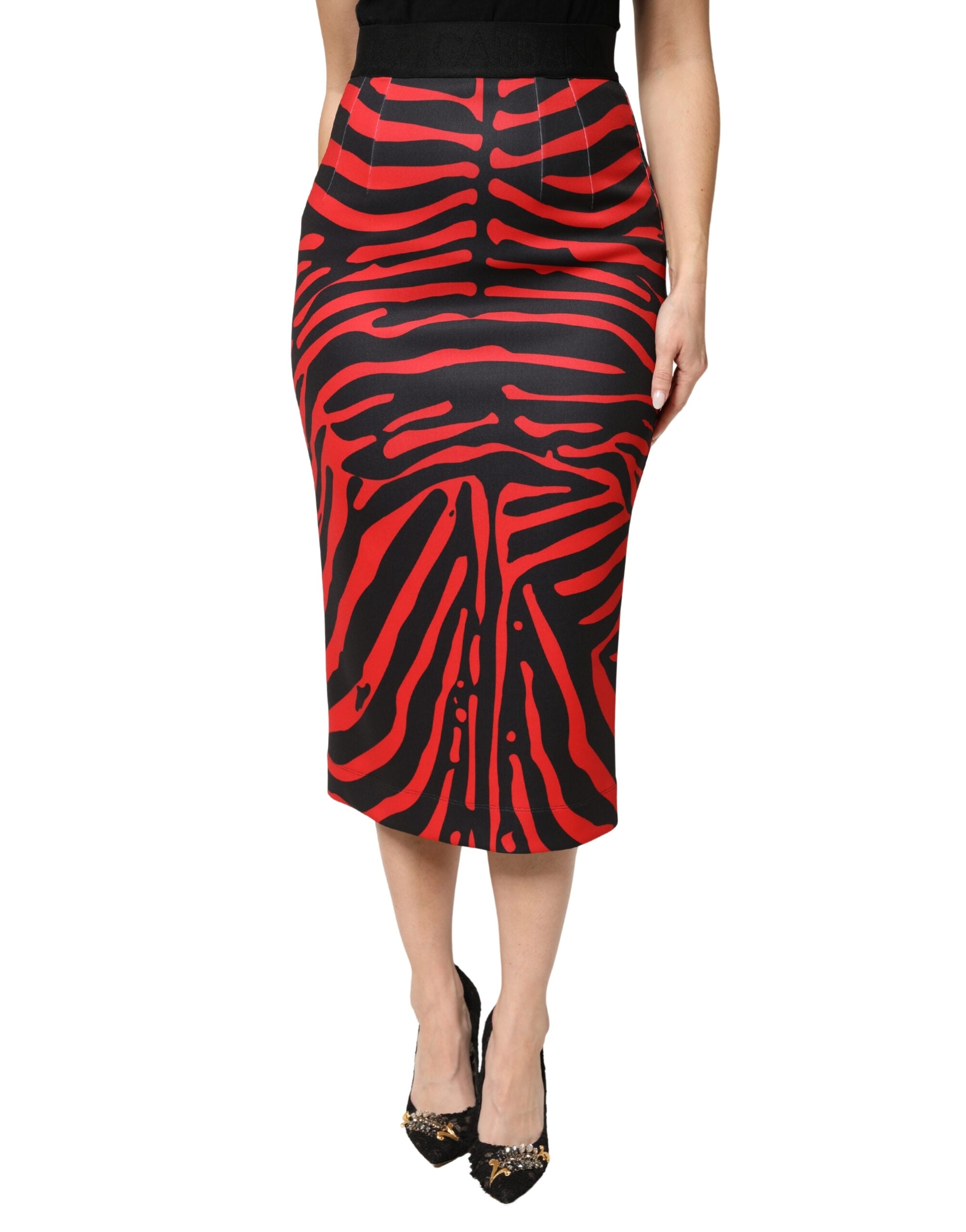 Dolce & Gabbana Red and Black Zebra Print Polyester Pencil Midi Skirt-2
