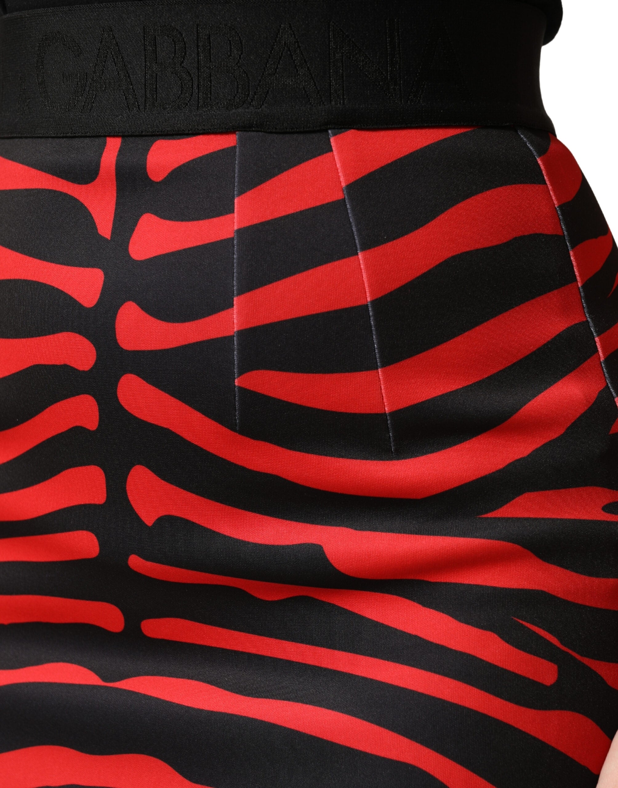 Dolce & Gabbana Red and Black Zebra Print Polyester Pencil Midi Skirt-5