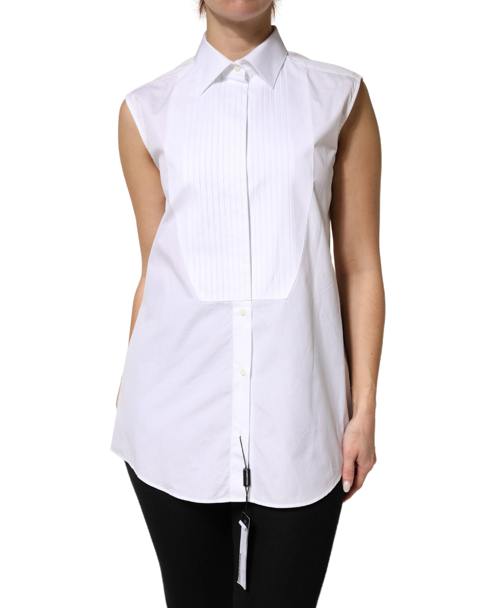 Dolce & Gabbana White Sleeveless Cotton Shirt with Pleats and Button Placket-2