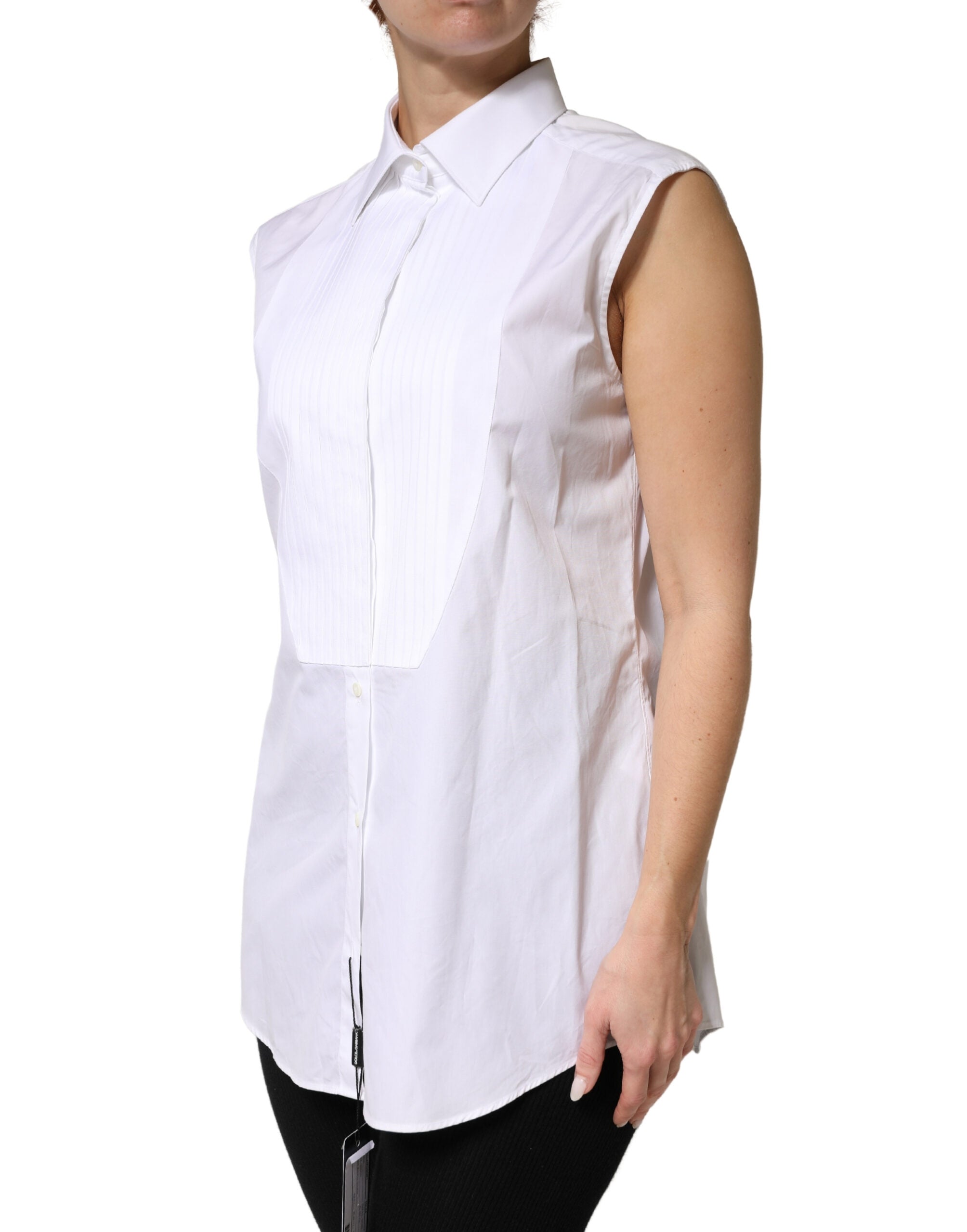 Dolce & Gabbana White Sleeveless Cotton Shirt with Pleats and Button Placket-3