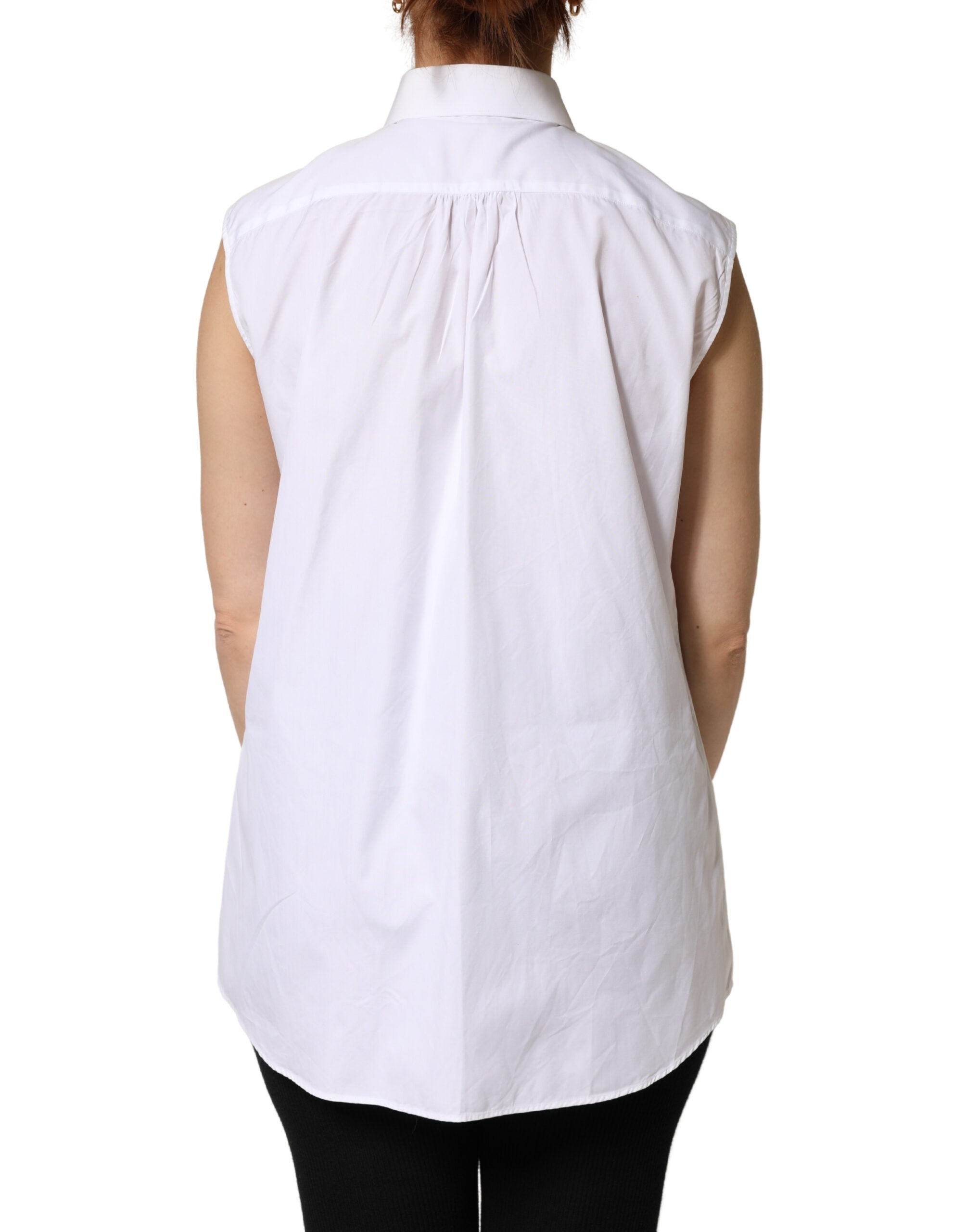 Dolce & Gabbana White Sleeveless Cotton Shirt with Pleats and Button Placket-4