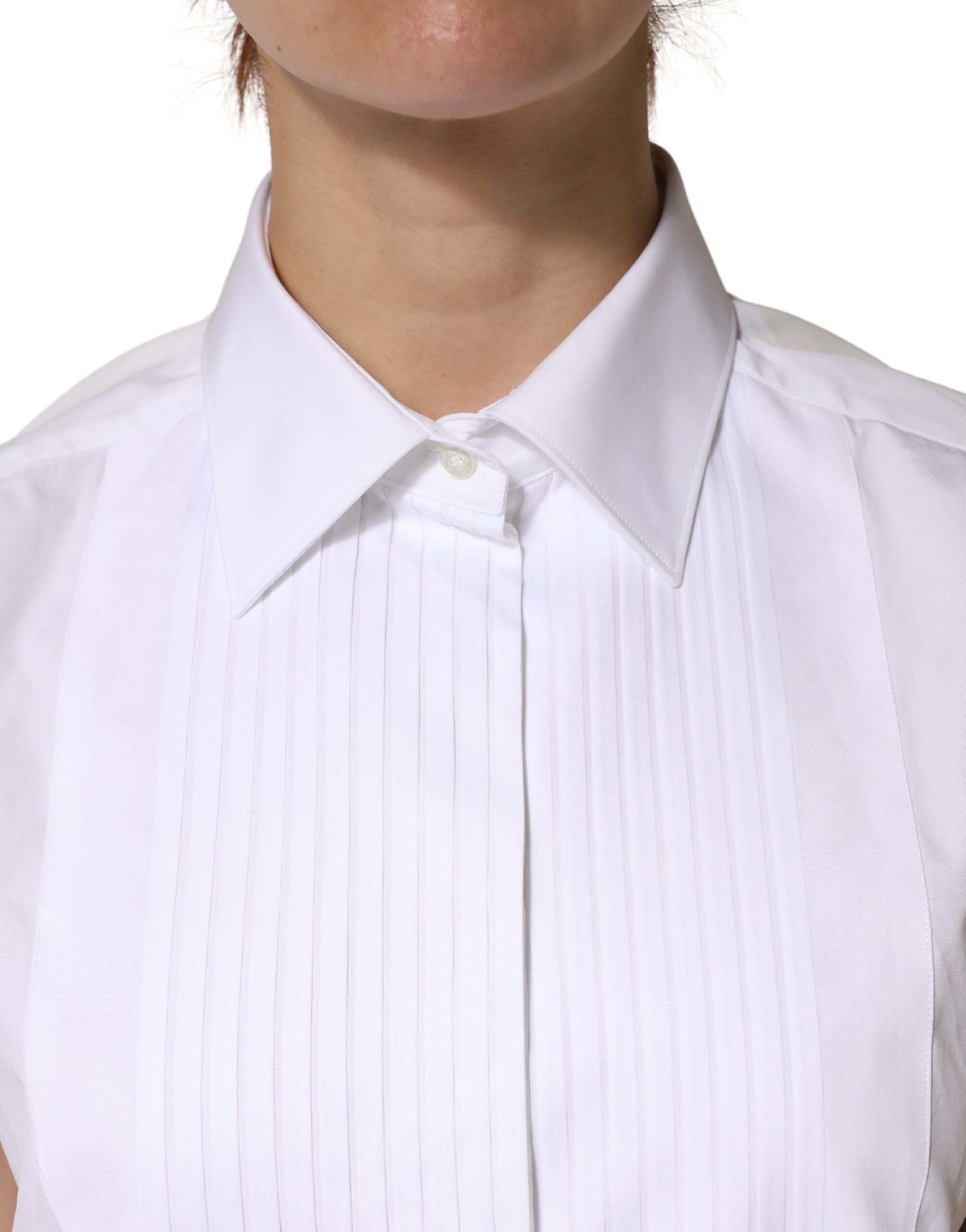 Dolce & Gabbana White Sleeveless Cotton Shirt with Pleats and Button Placket-5