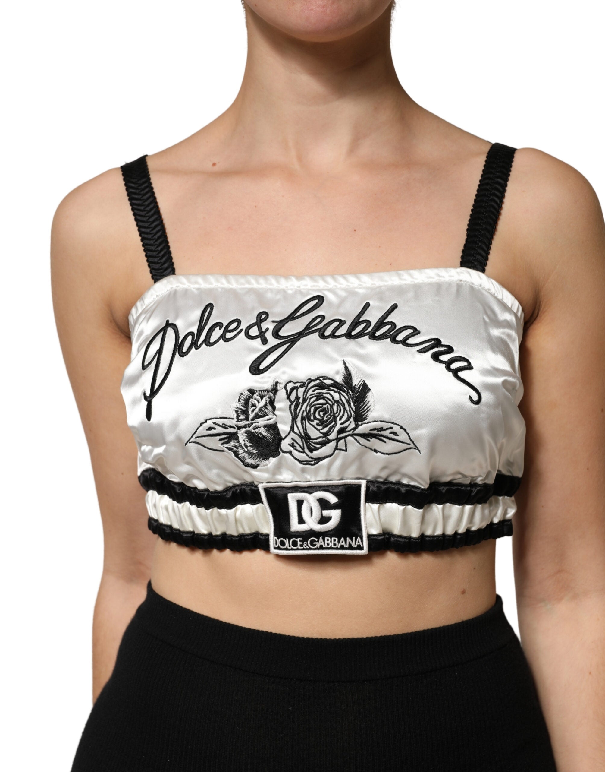 Dolce & Gabbana Weiße Seiden-Satin-Crop-Bralette mit schwarzem Logo