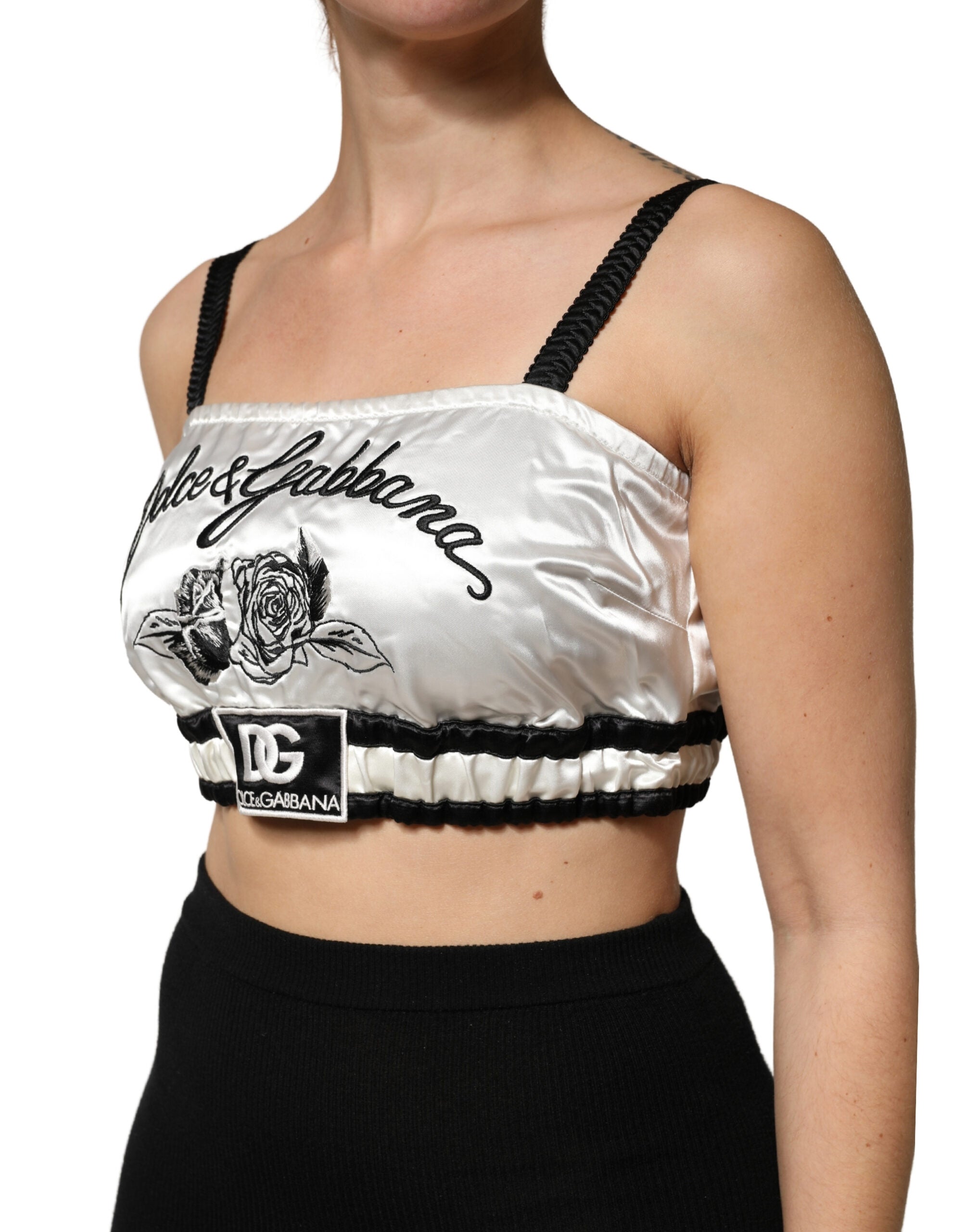 Dolce & Gabbana White Silk-Satin Cropped Bralette with Black Logo-3