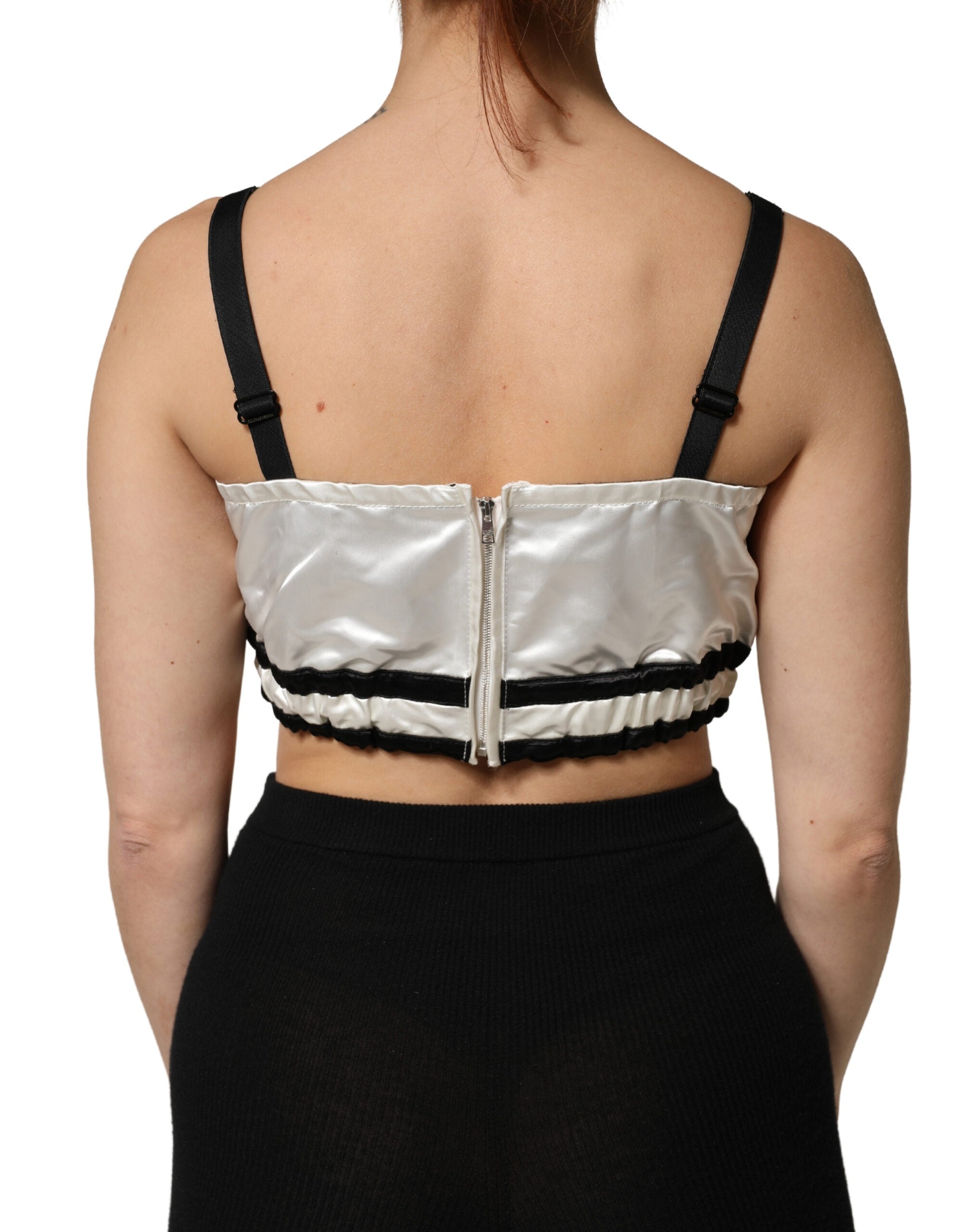 Dolce & Gabbana White Silk-Satin Cropped Bralette with Black Logo-4