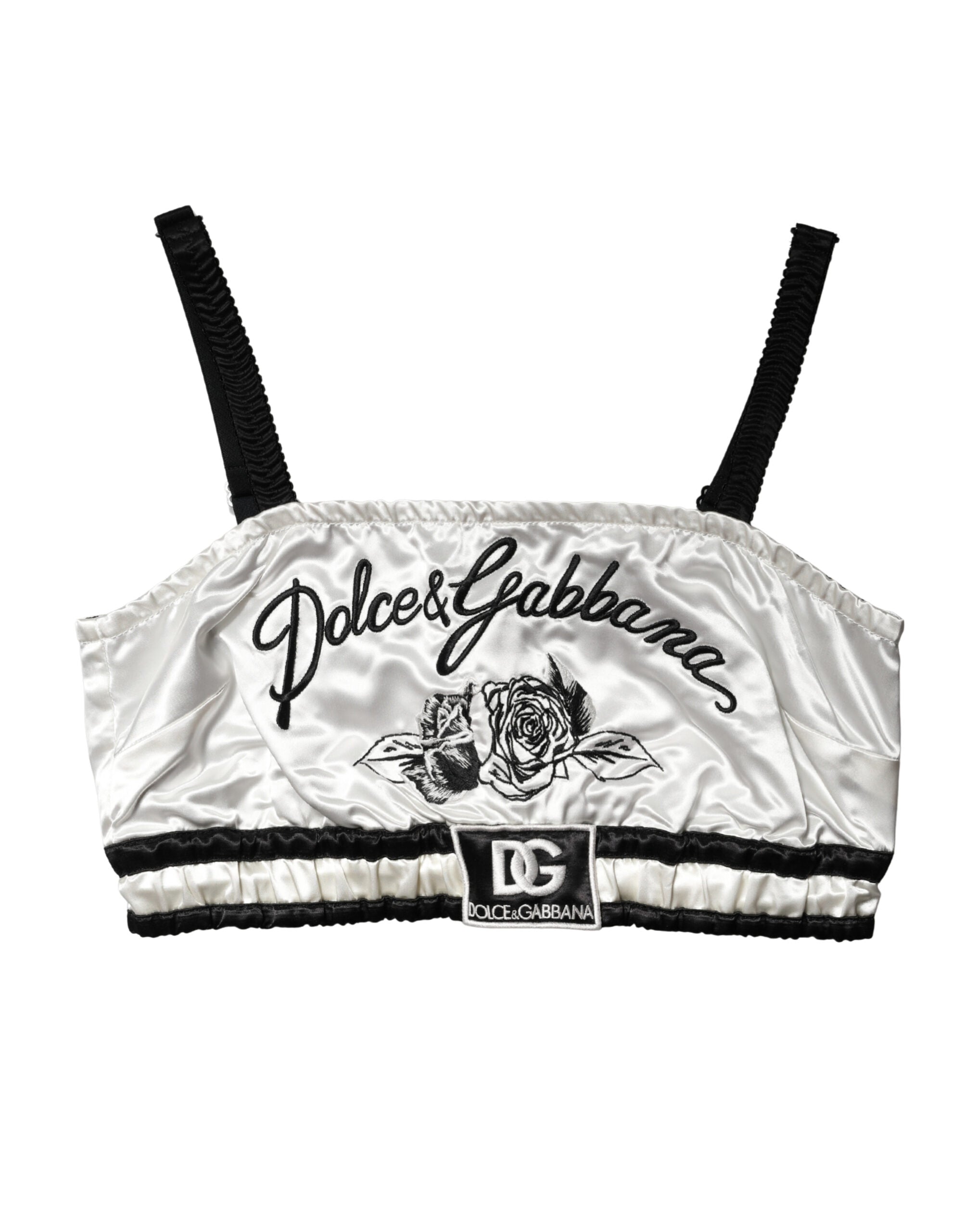 Dolce & Gabbana White Silk-Satin Cropped Bralette with Black Logo-6