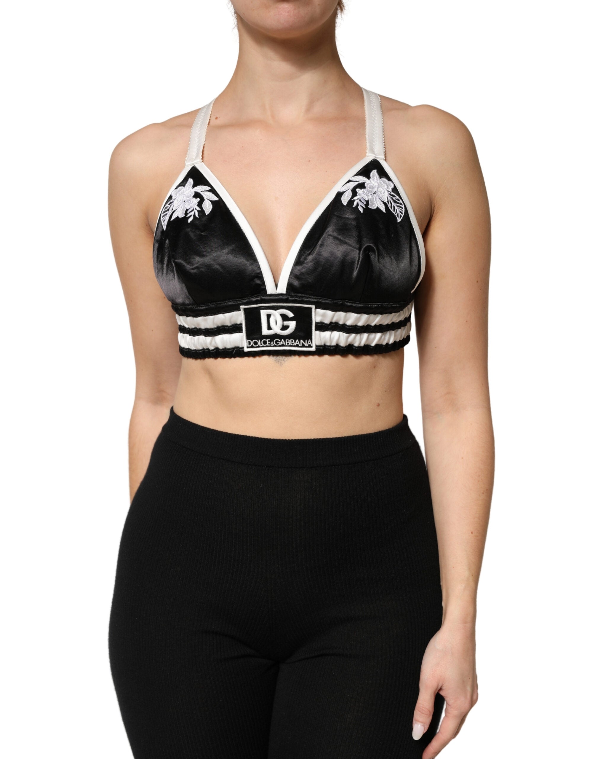 Dolce & Gabbana Schwarzer Crop-Bralette-Top aus Seidensatin mit Blumenmuster und Logo