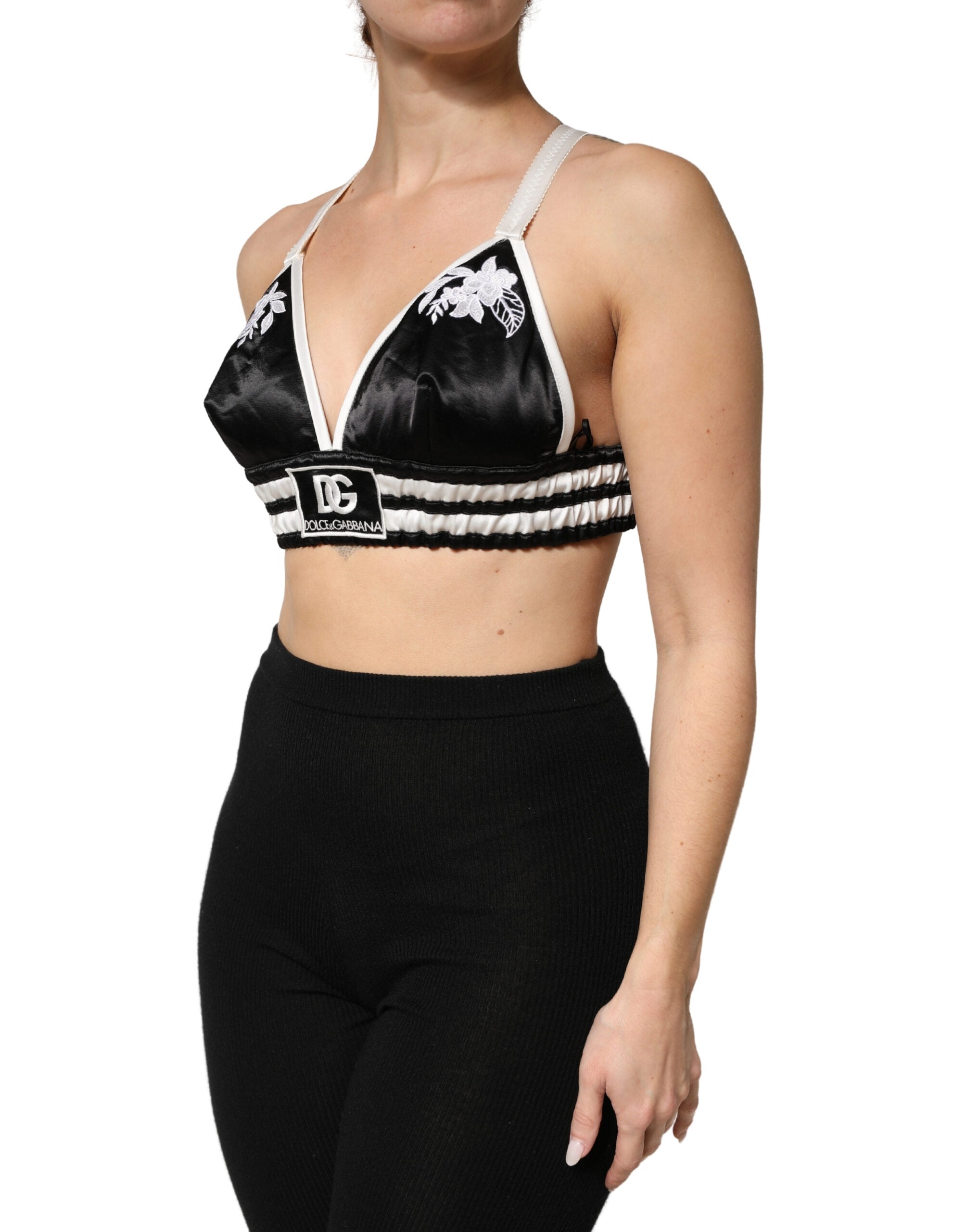 Dolce & Gabbana Black Floral Logo Silk-Satin Cropped Bralette Top-3