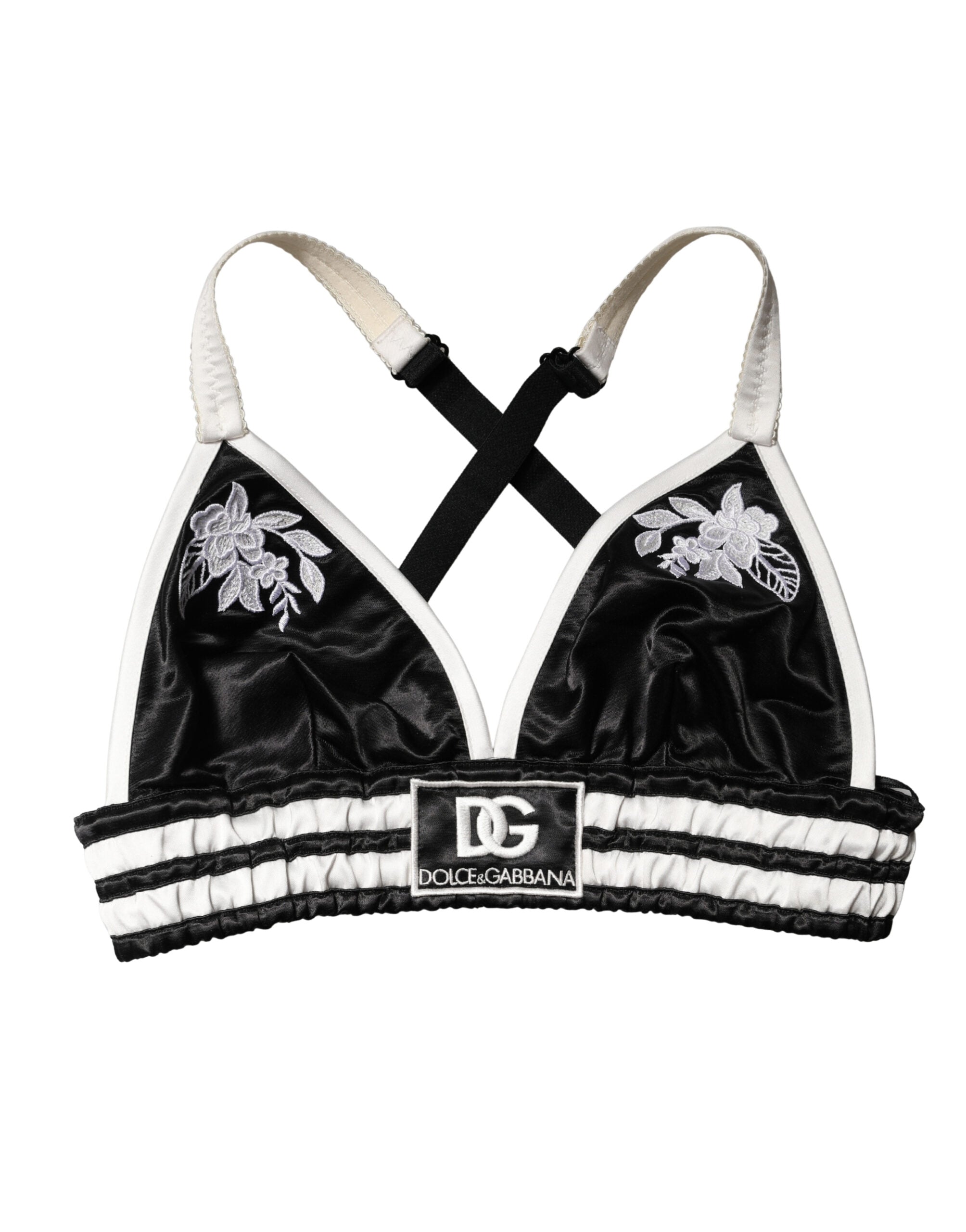 Dolce & Gabbana Black Floral Logo Silk-Satin Cropped Bralette Top-7