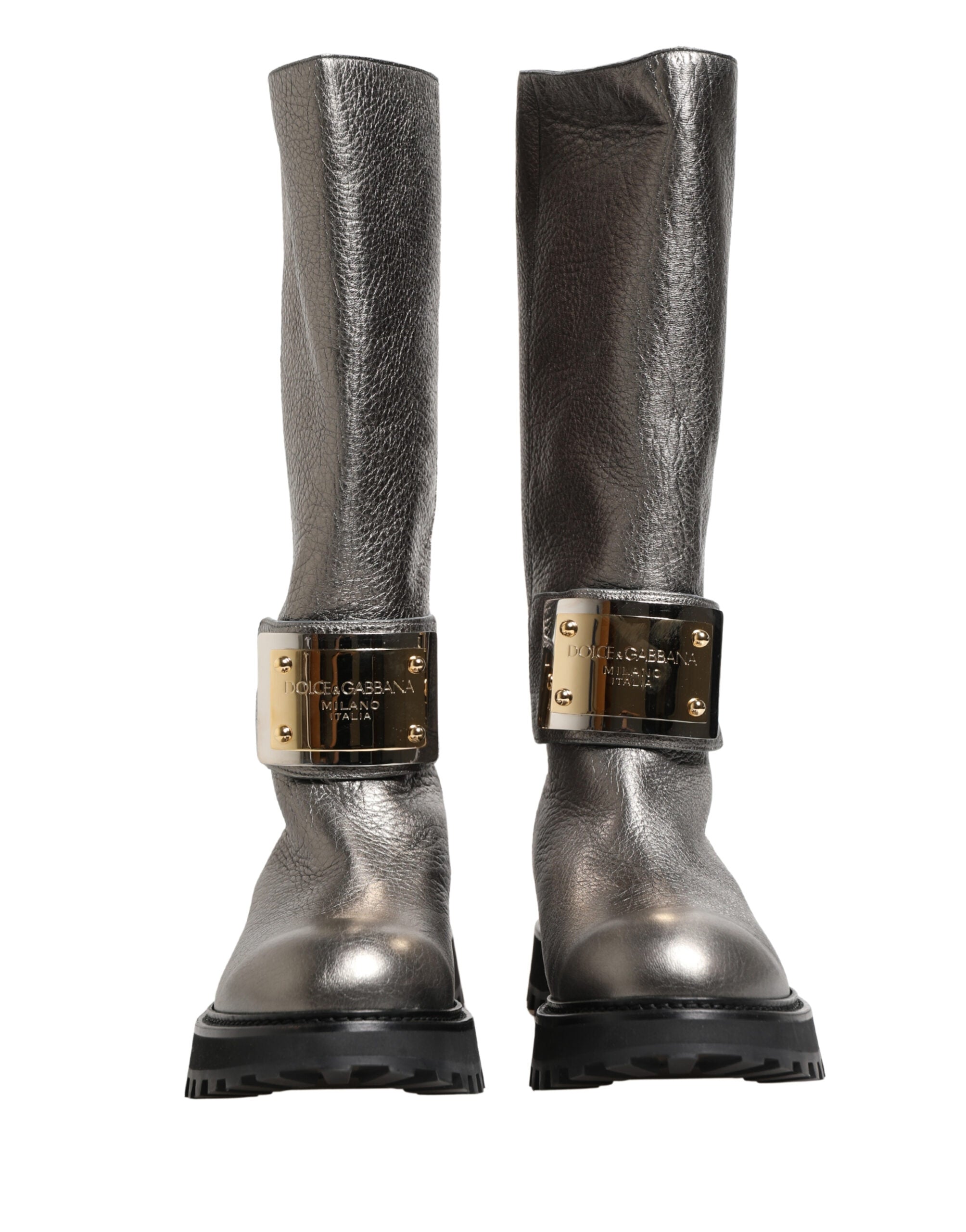 Dolce & Gabbana Metallic Silver Leather Mid Calf Boots Shoes-3